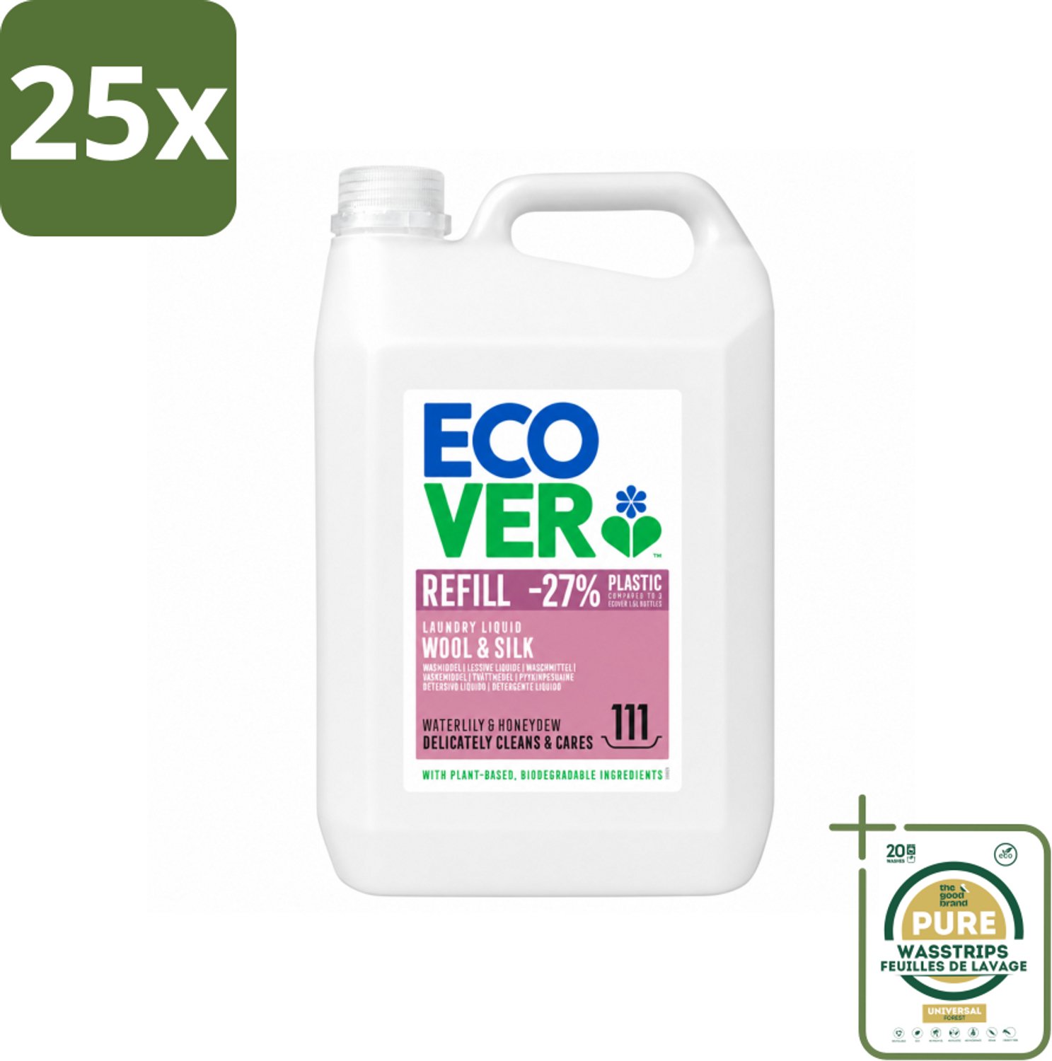 25 x Ecover - Vloeibaar wasmiddel - Wol & Fijnwas - Waterlelie & Honingmeloen - 5 liter - 111 wasbeurten - Wasstrips - Wasmiddel Wol - Fijnwas - Zachte Wasmiddel - Delicate Stoffen - Waterlelie Geur