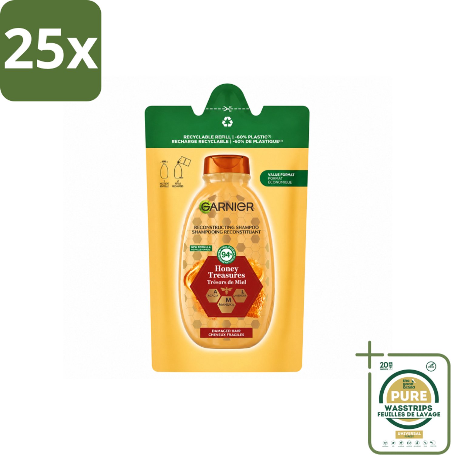 25 x Garnier - Loving Blends - Shampoo Refill - Honing Goud - Beschadigd & Breekbaar Haar - 250 ml - Wasstrips - Honing Shampoo - Haar Herstellen - Beschadigd Haar - Haarbreuk - Gespleten Punten