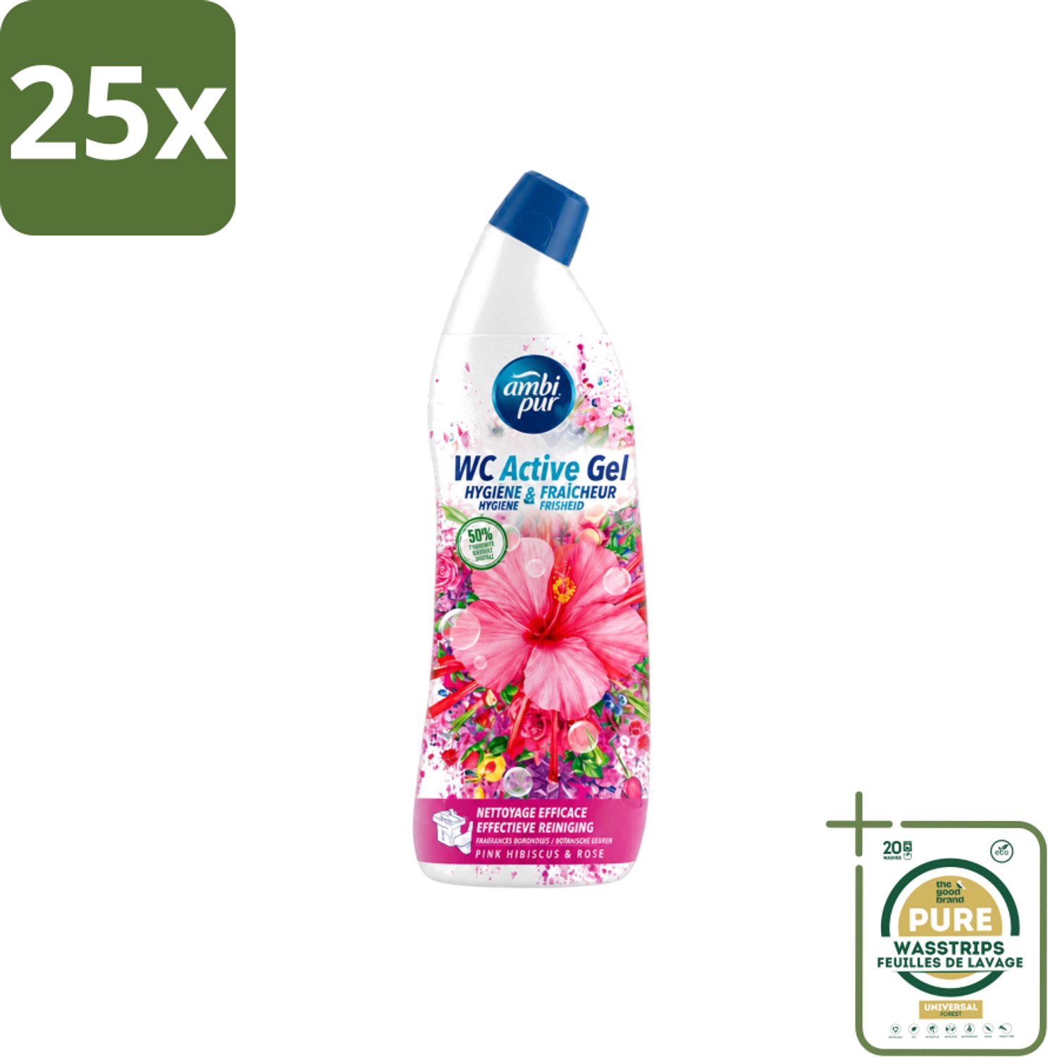 25 x Ambi Pur - Toiletreiniger - WC Active Gel - Hibiscus & Roos - 750 ml - Wasstrips - Toiletreiniger - Anti-kalk - Toilet Reinigen - Toilet Glans - Toilet Geur