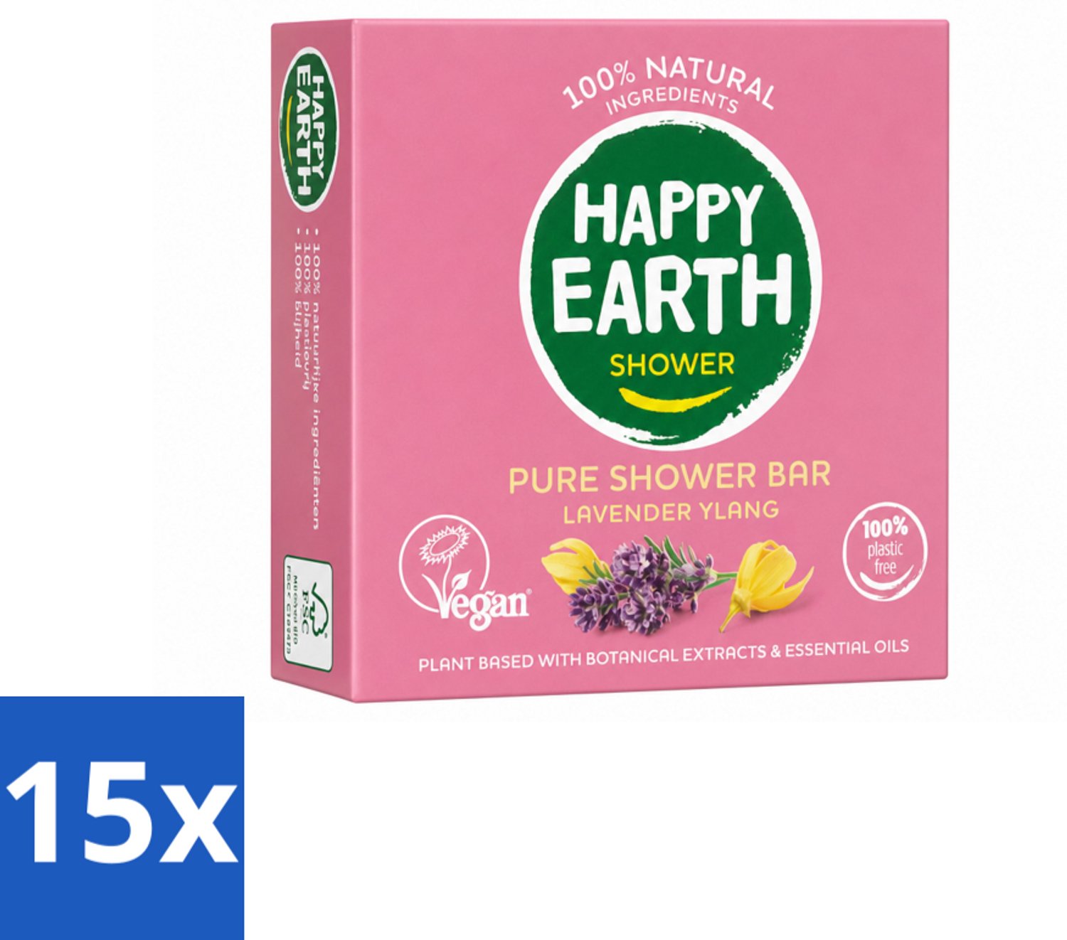 15 x Happy Earth – Shower Bar – 100% Natuurlijk Lavender Ylang – 90 g - Voordeelverpakking - 15 stuks