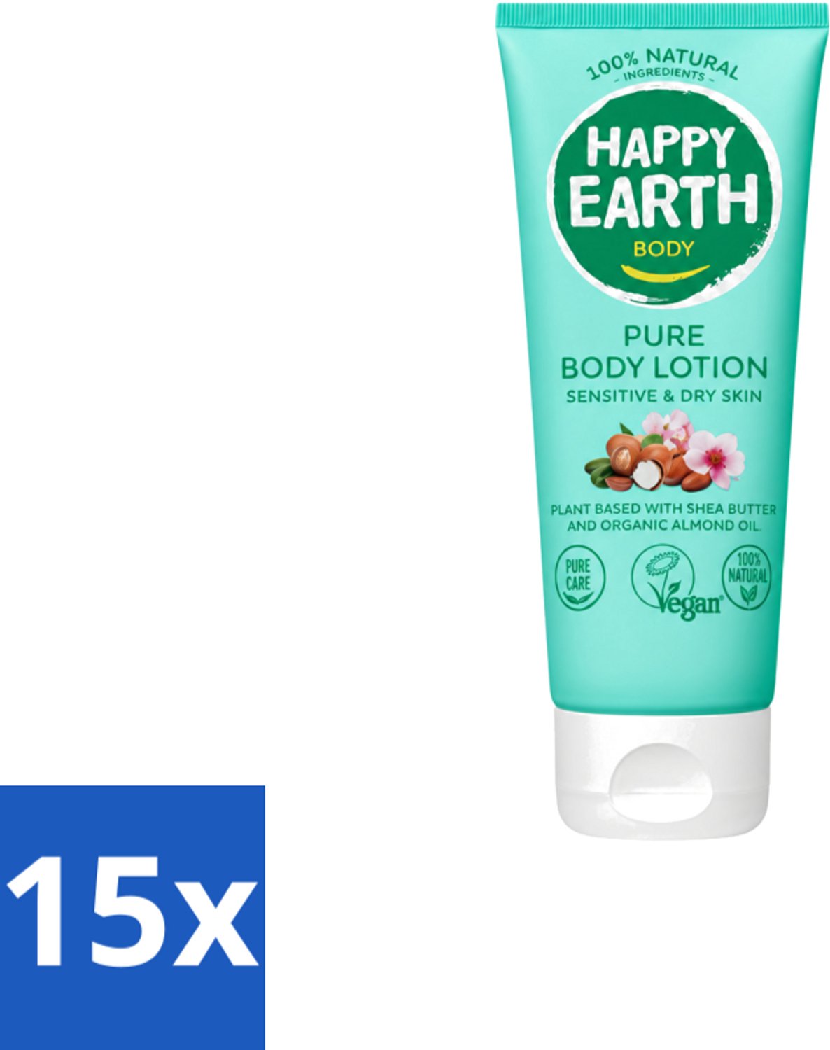 15 x Happy Earth – Bodylotion – 100% Natuurlijk – 200 ml - Voordeelverpakking - 15 stuks