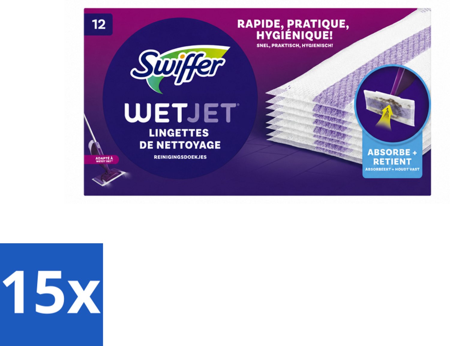 15 x Swiffer - WetJet – Reinigingsdoekjes – Navullingen – 12 doekjes - Voordeelverpakking - 15 stuks