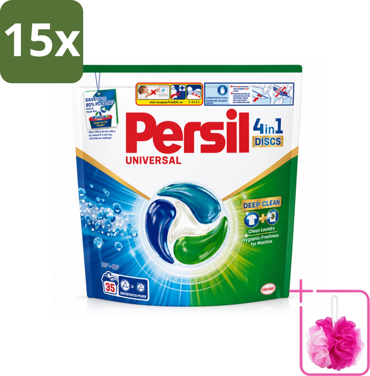 15 x Persil - Wasmiddel - Discs Universal - Voor Witte Was - 35 wasbeurten - Bulkverpakking - Persil 4in1 Discs - Douchemop - Schone was