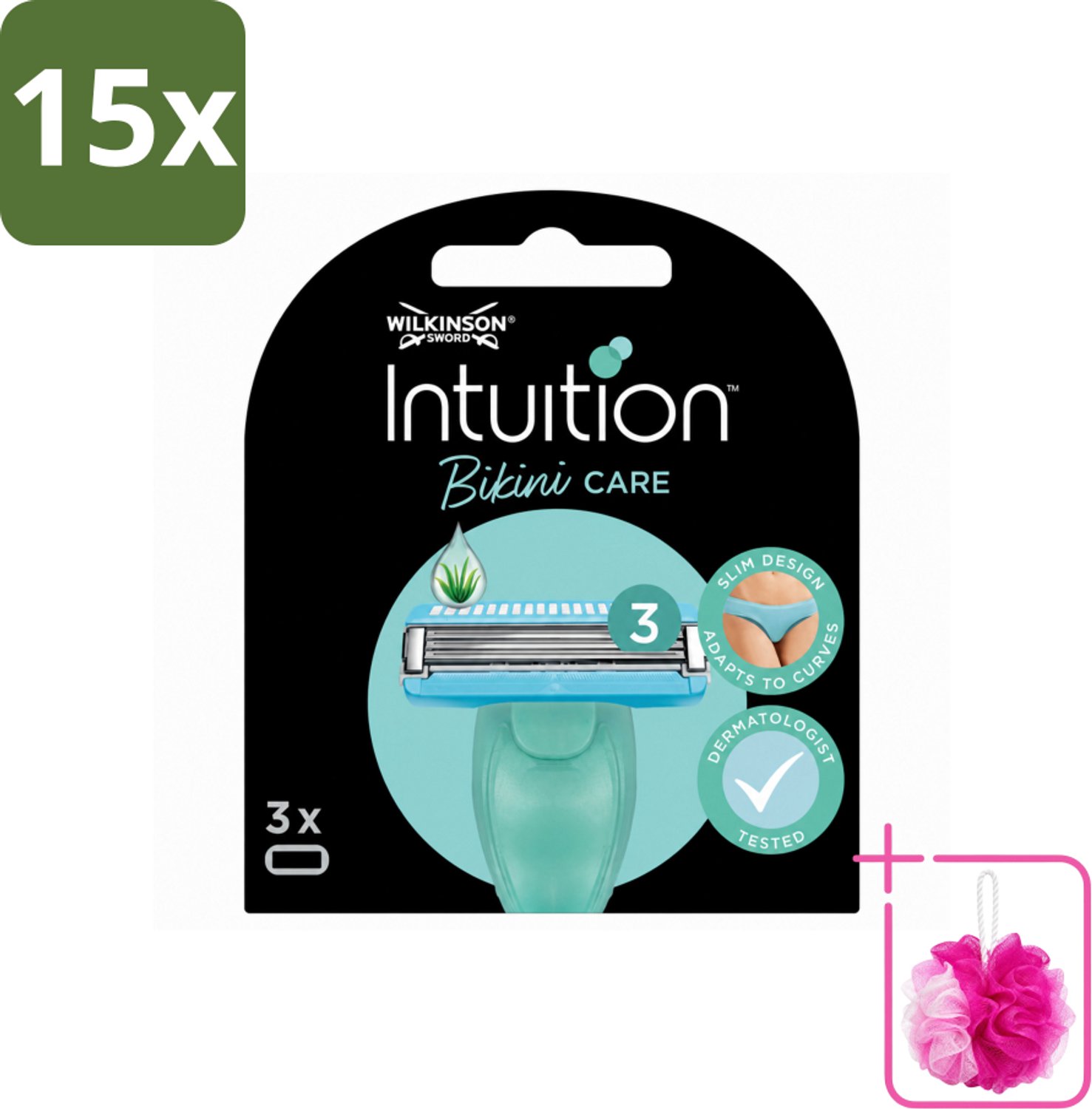 15 x Wilkinson Intuition - Navulmesjes - Bikini Care Duo - Praktisch - 3 mesjes - Bulkverpakking - Intieme zone scheren - Douchemop - Gevoelige huid scheren