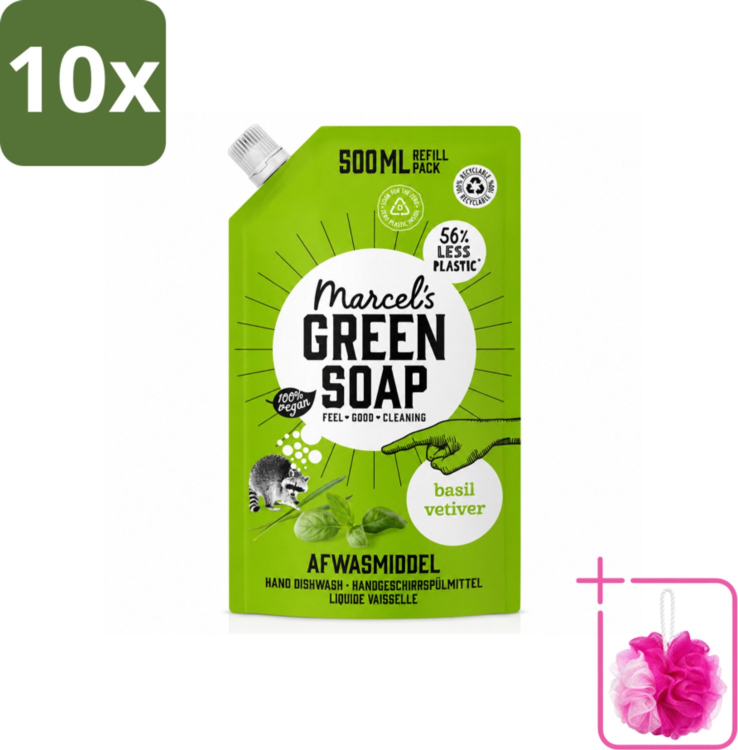 10 x Marcel's Green Soap - Navulling - Afwasmiddel - Basilicum & Vetiver Gras - Plantaardig & duurzaam - 500 ml - Bulkverpakking - Afwasmiddel - Douchemop - Navulverpakking