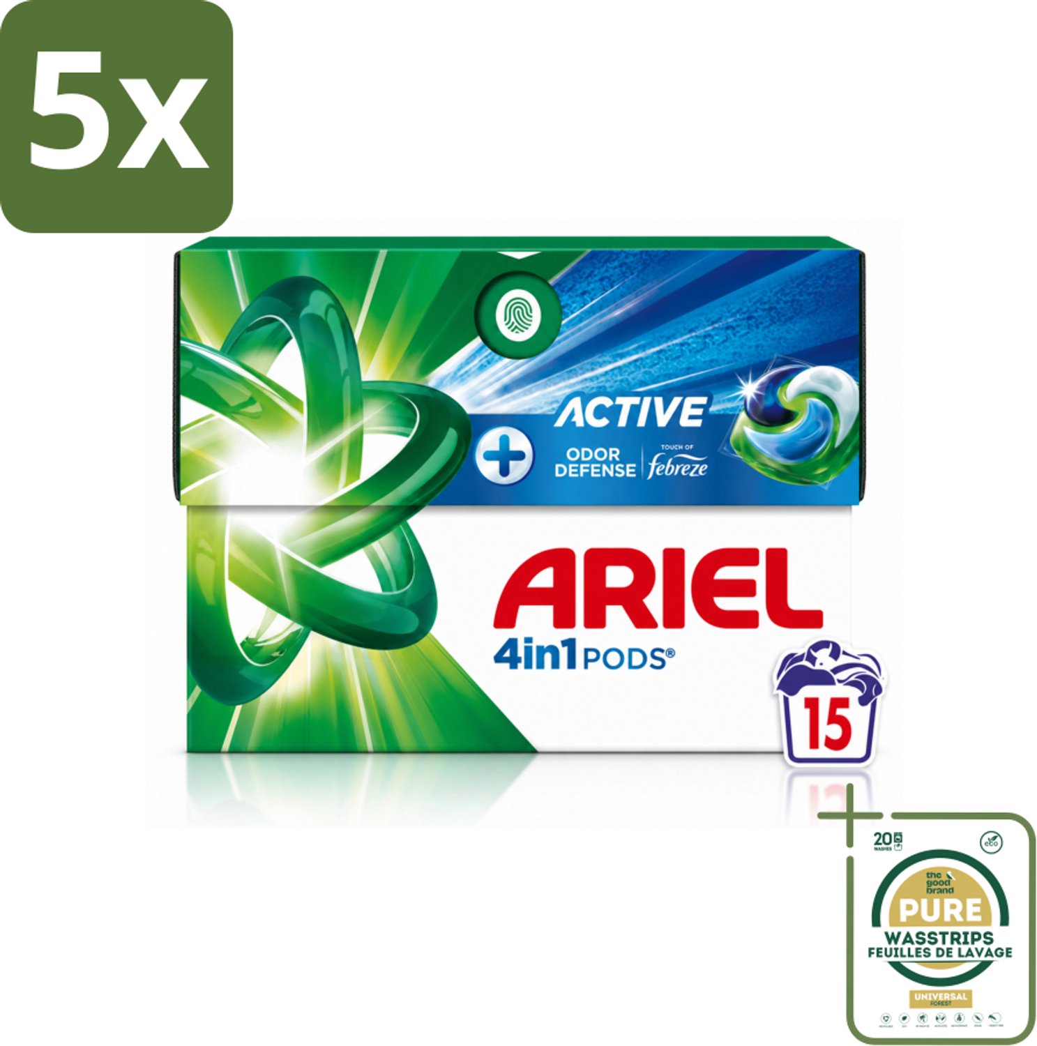 5 x Ariel - 4in1 Wasmiddel Pods - Actieve Geurbestrijding - 15 Pods - Wasstrips - Ariel 4in1 Pod - Geurverzorging - Zweetgeuren Verwijderen - Frisheid - Wasmiddel