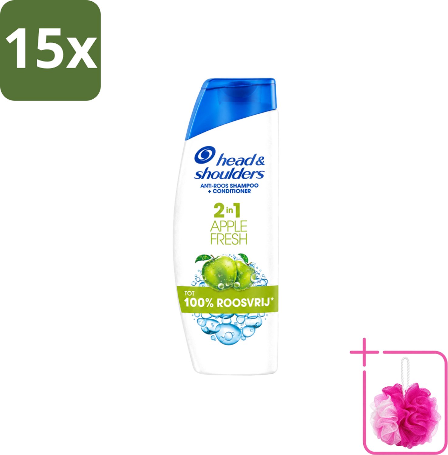 15 x Head & Shoulders - Shampoo - 2-in-1 - Apple Fresh - 100% Roosvrij - 300 ml - Bulkverpakking - Anti-roos shampoo - Douchemop - Hoofdproblemen