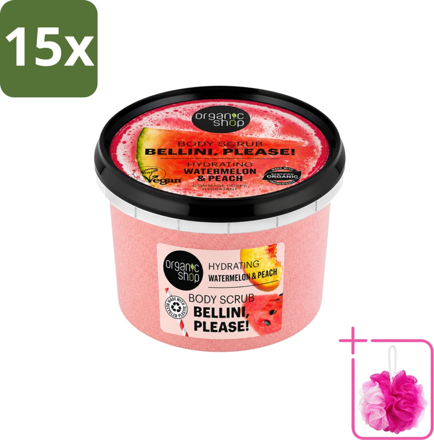 15 x Organic Shop - Body Scrub Watermelon & Peach - Hydratatie en Frisheid - 250 ml - Bulkverpakking - Bodyscrub - Douchemop - Hydraterende scrub