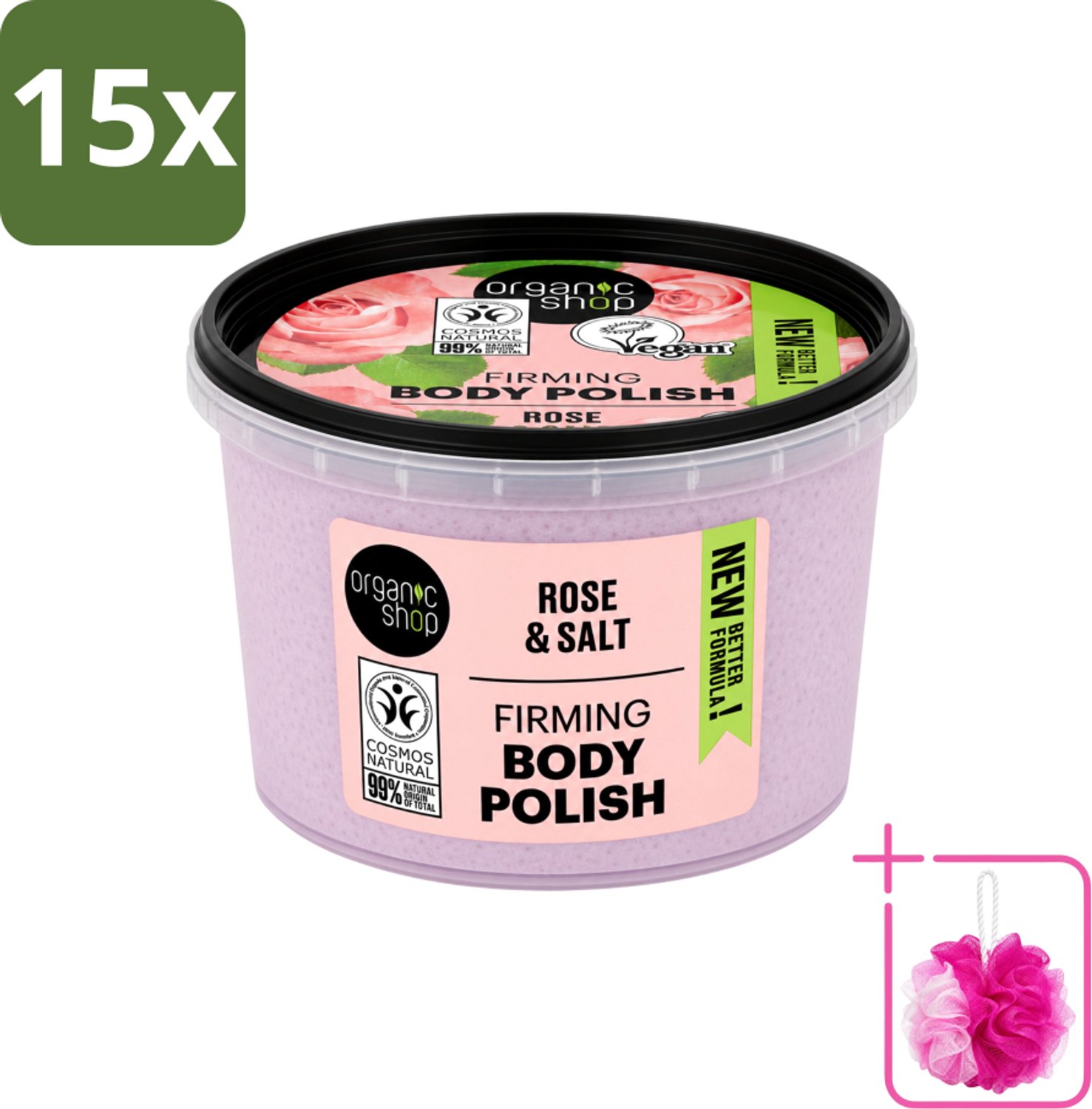 15 x Organic Shop - Body Scrub Rose - Hydraterend en Verzorgend - 250 ml - Bulkverpakking - Bodyscrub - Douchemop - Huidverzorging