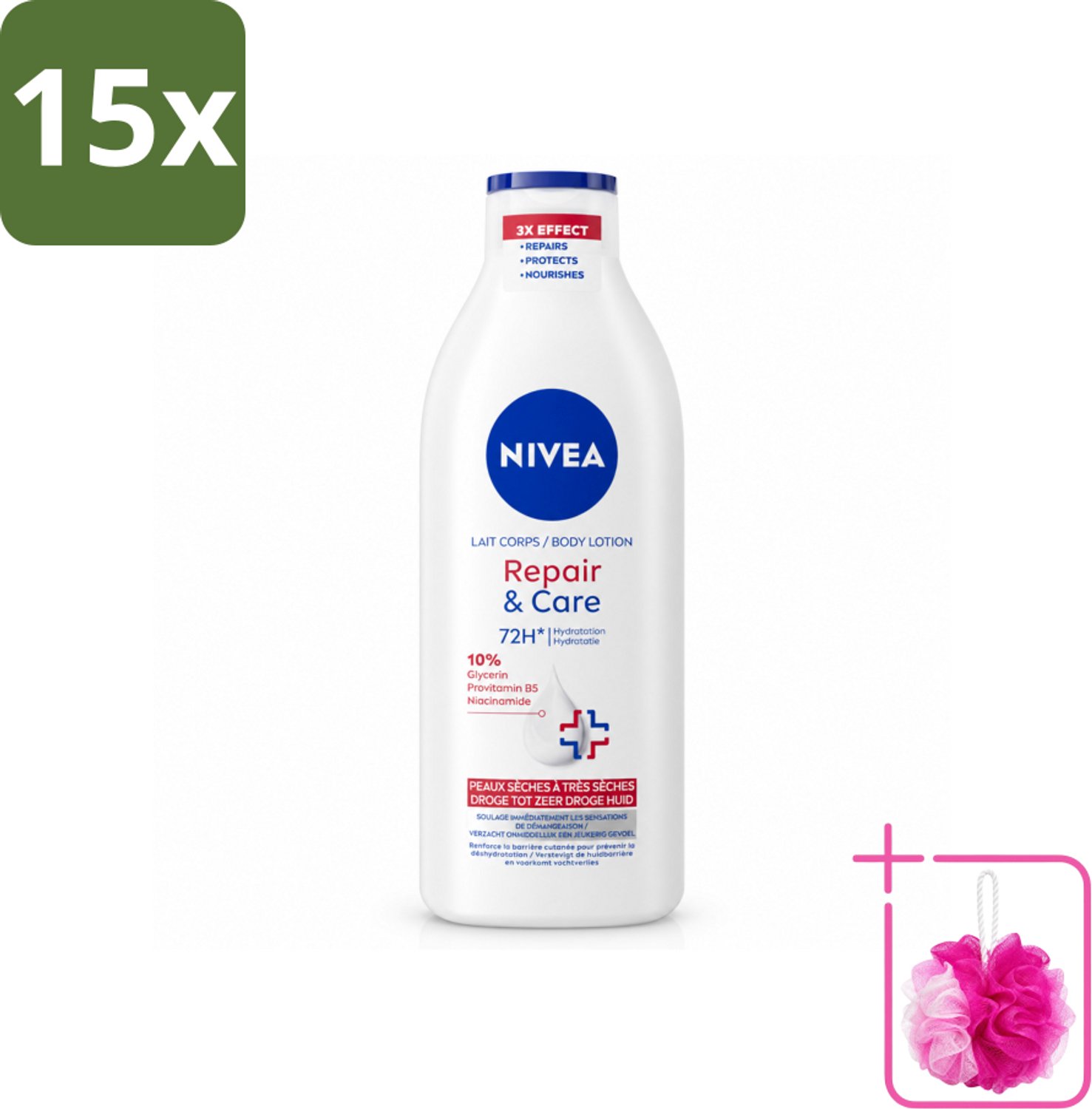 15 x Nivea - Repair & Care Bodylotion - 72 uur Hydratatie - Voor Zeer Droge Huid - 400 ml - Bulkverpakking - Hydratatie - Douchemop - Droge huid