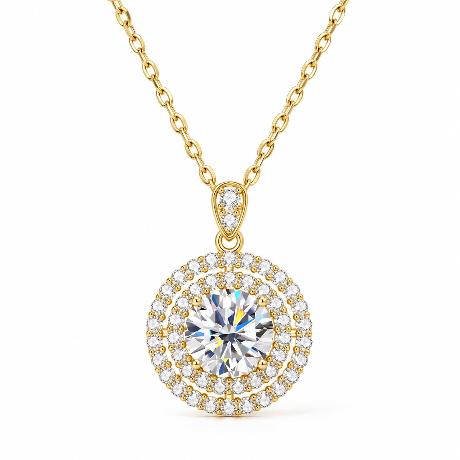 Selevie Ketting Goud met Dubbele Halo Moissanite 2 ct – Ronde Hanger – Diamond Look