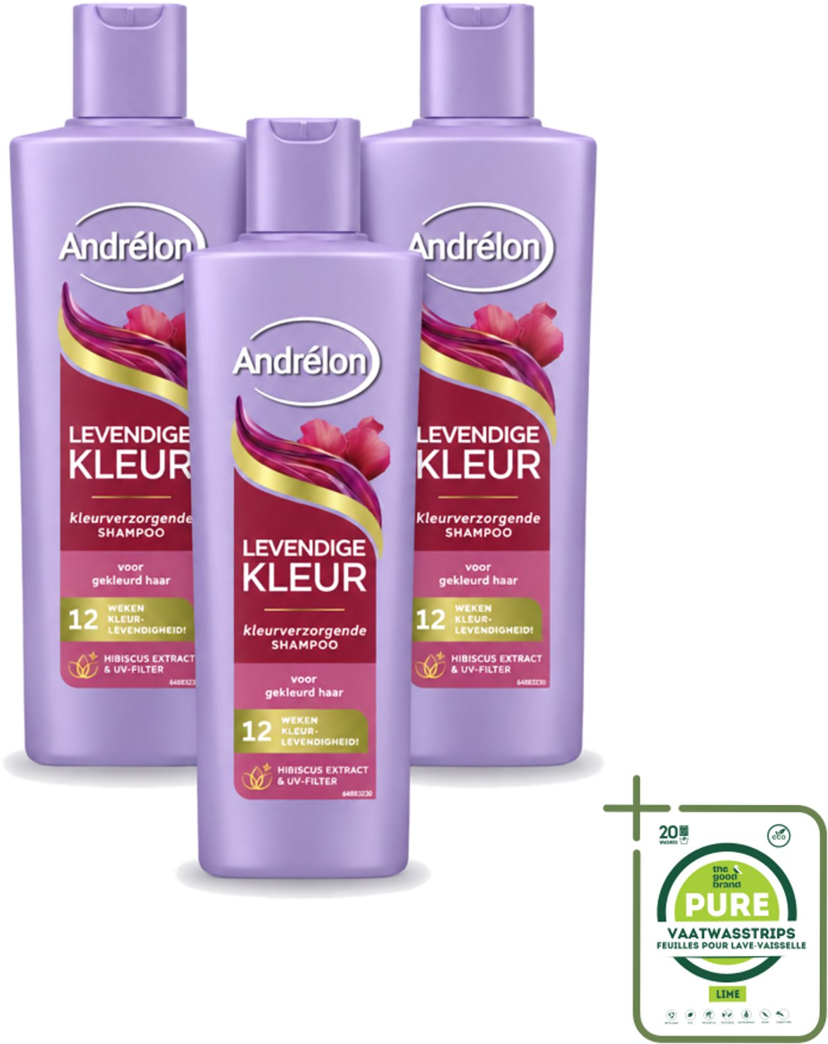 3 x Andrélon – Shampoo – Levendige Kleur – 250 ml - Grootverpakking - Vaatwasstrips - Kleurbehoud Haar - Hibiscus Shampoo - UV-filter Haar - Gezonde Kleur - Stralende Haarkleur