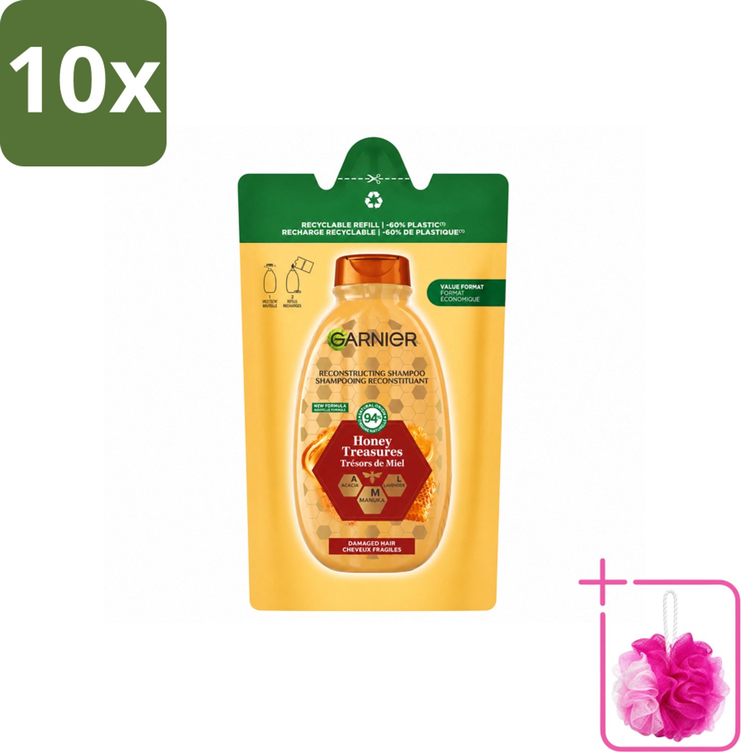 10 x Garnier - Loving Blends - Shampoo Refill - Honing Goud - Beschadigd & Breekbaar Haar - 250 ml - Bulkverpakking - Honing shampoo - Douchemop - Haar herstellen