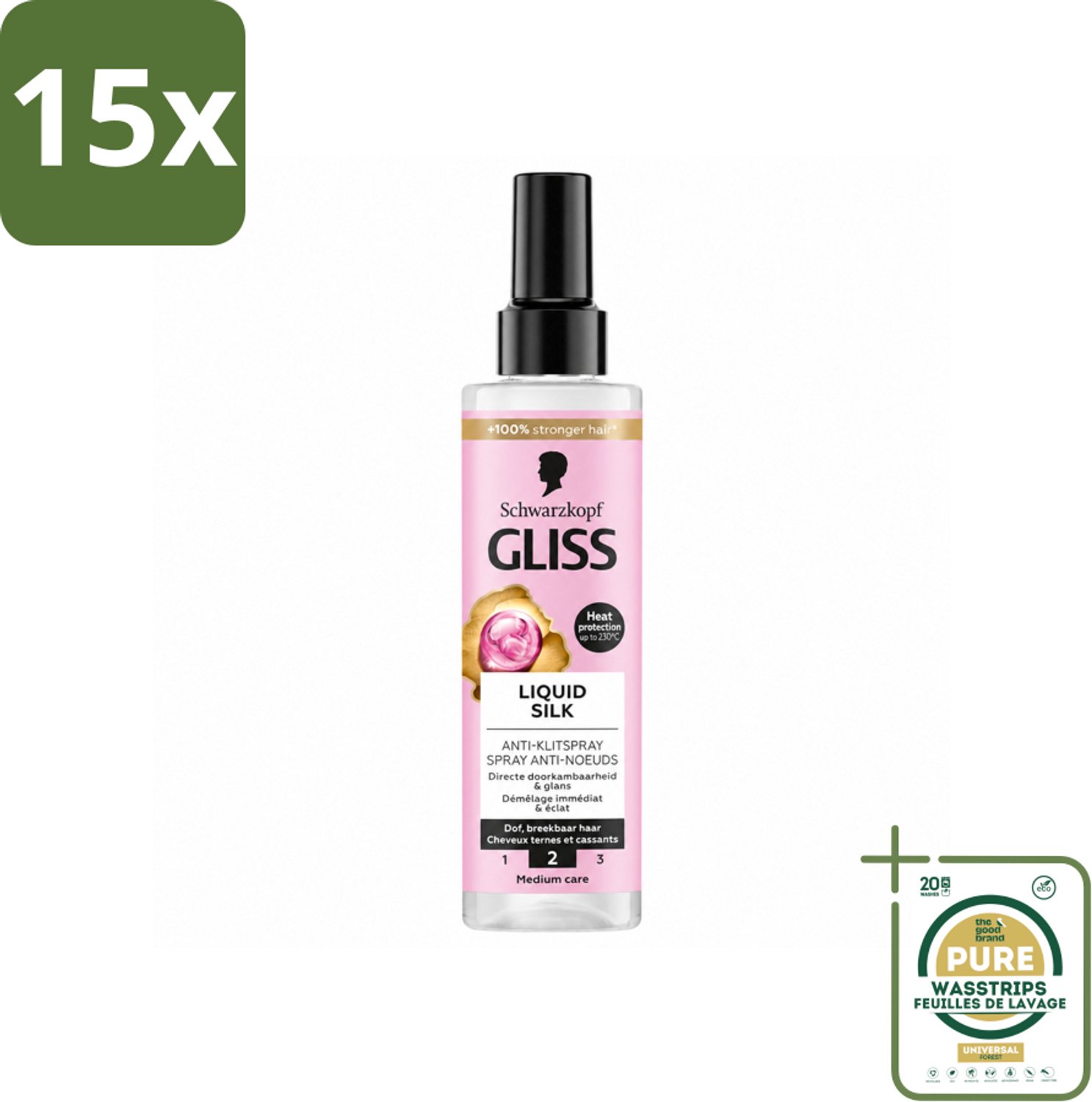 15 x Gliss - Anti-Klit Spray Liquid Silk Gloss voor Glanzend en Klitvrij Haar - 200 ml - Wasstrips - Haarspray - Ontwarren - Klitvrij Haar - Glanshaar - Doorkambaar Haar