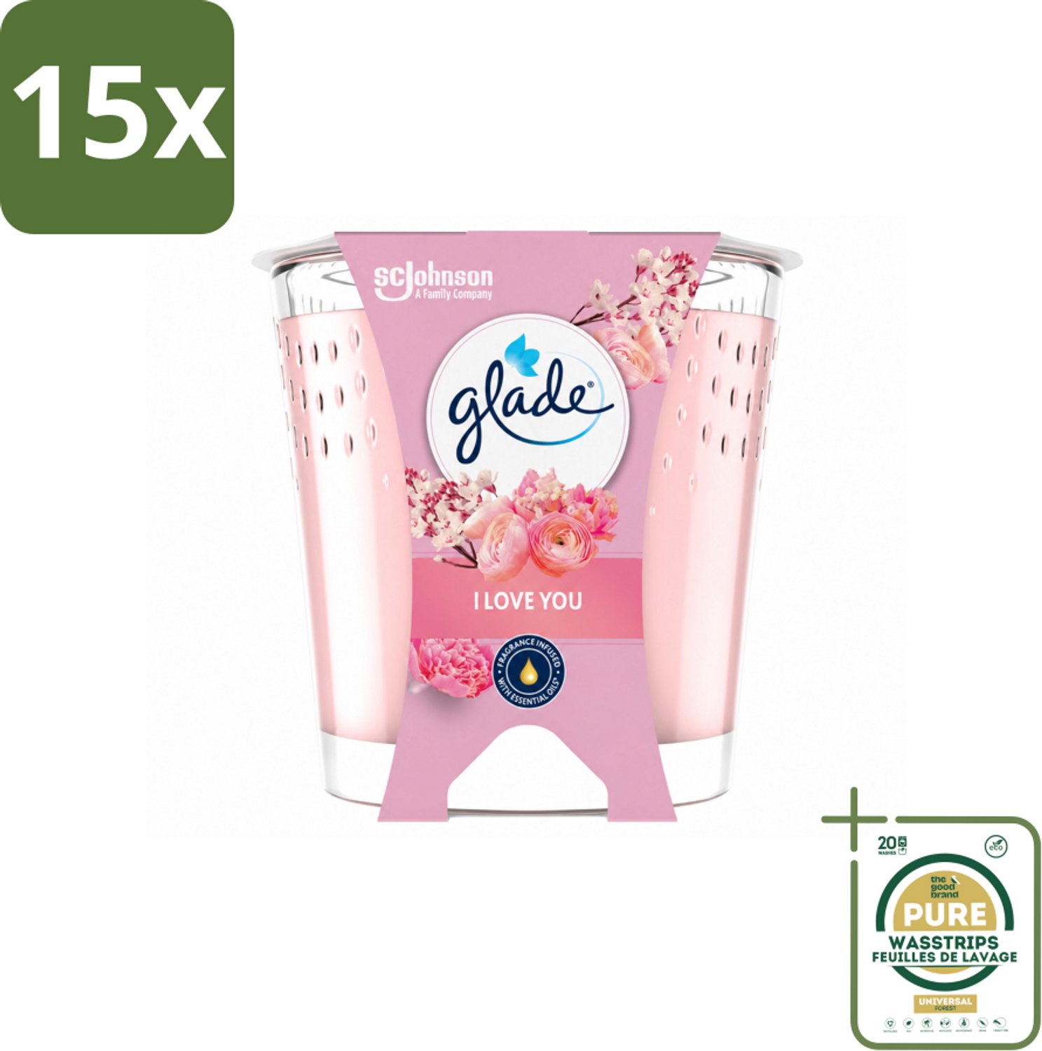 15 x Glade - Geurkaars I Love You - 100% Raapzaadwas & Vegan - 112 g - Wasstrips - Geurkaars - Vegan - Duurzaam - Bloemige Geur - I Love You