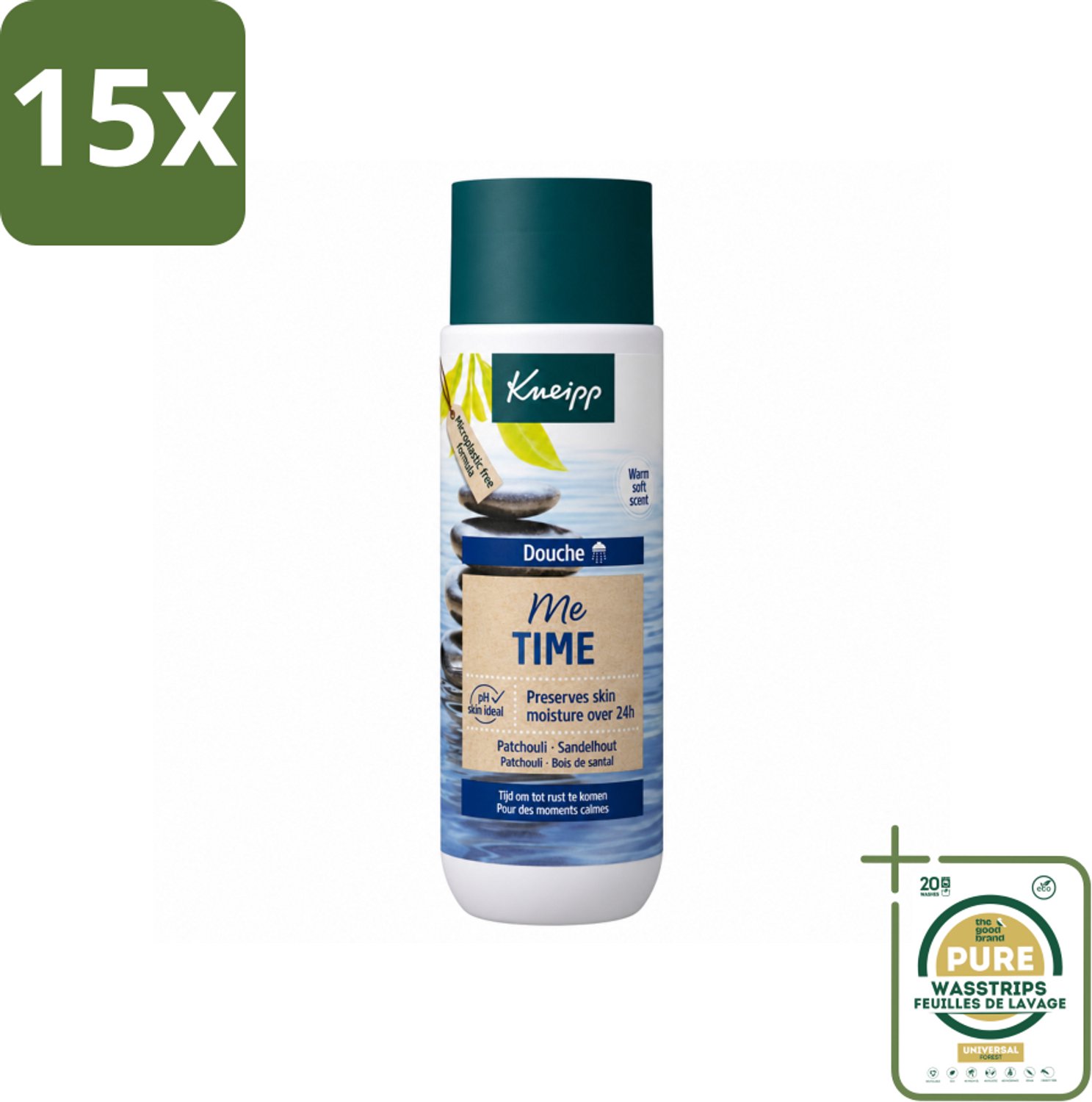 15 x Kneipp - Douchegel - Me-Time - 200 ml - Wasstrips - Douchegel - Ontspanning - Patchouli - Sandelhout - Huidverzorging