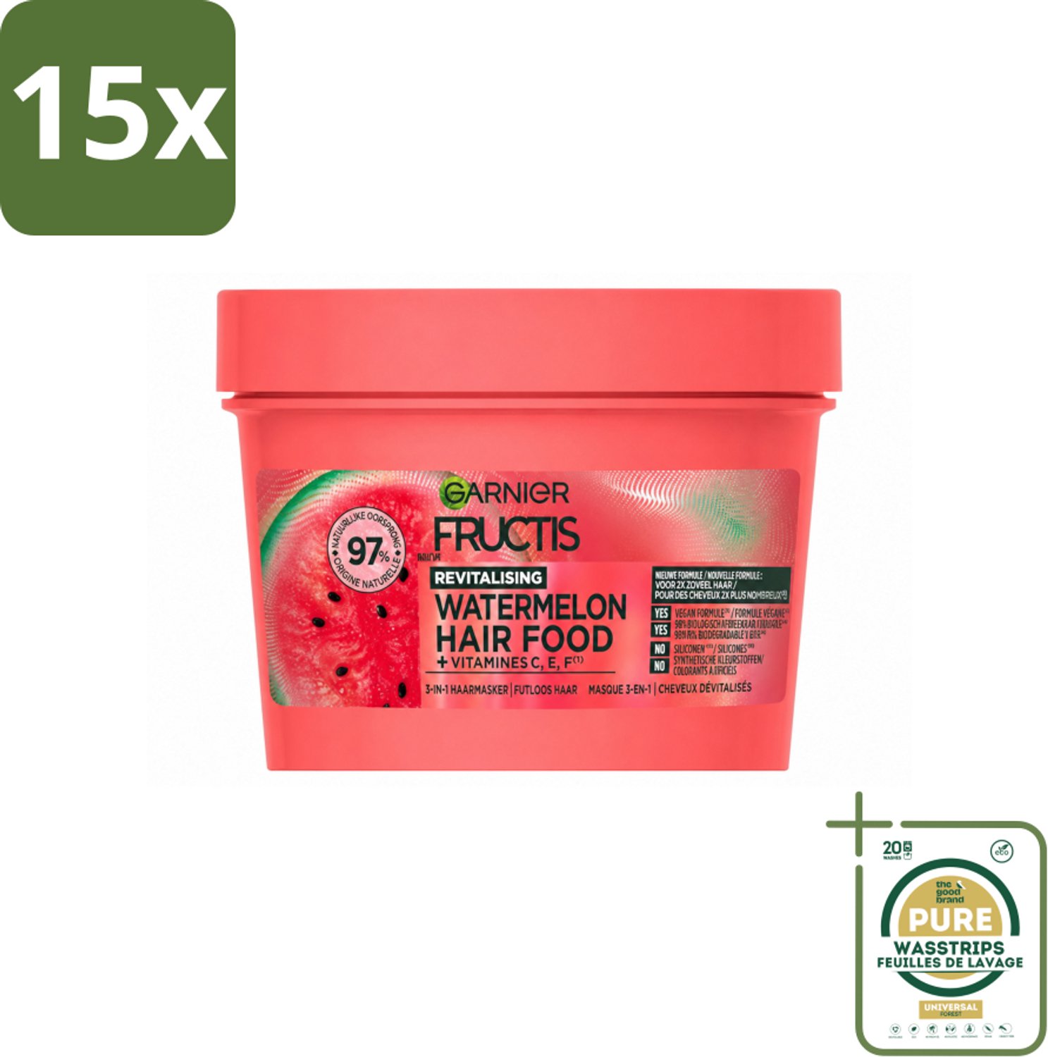15 x Garnier - Fructis Hair Food Watermelon - 3-in-1 Haarmasker - Futloos Haar - 400 ml - Wasstrips - Haarmasker - Futloos Haar - Hydratatie - Haarvoeding - 3-in-1 Masker