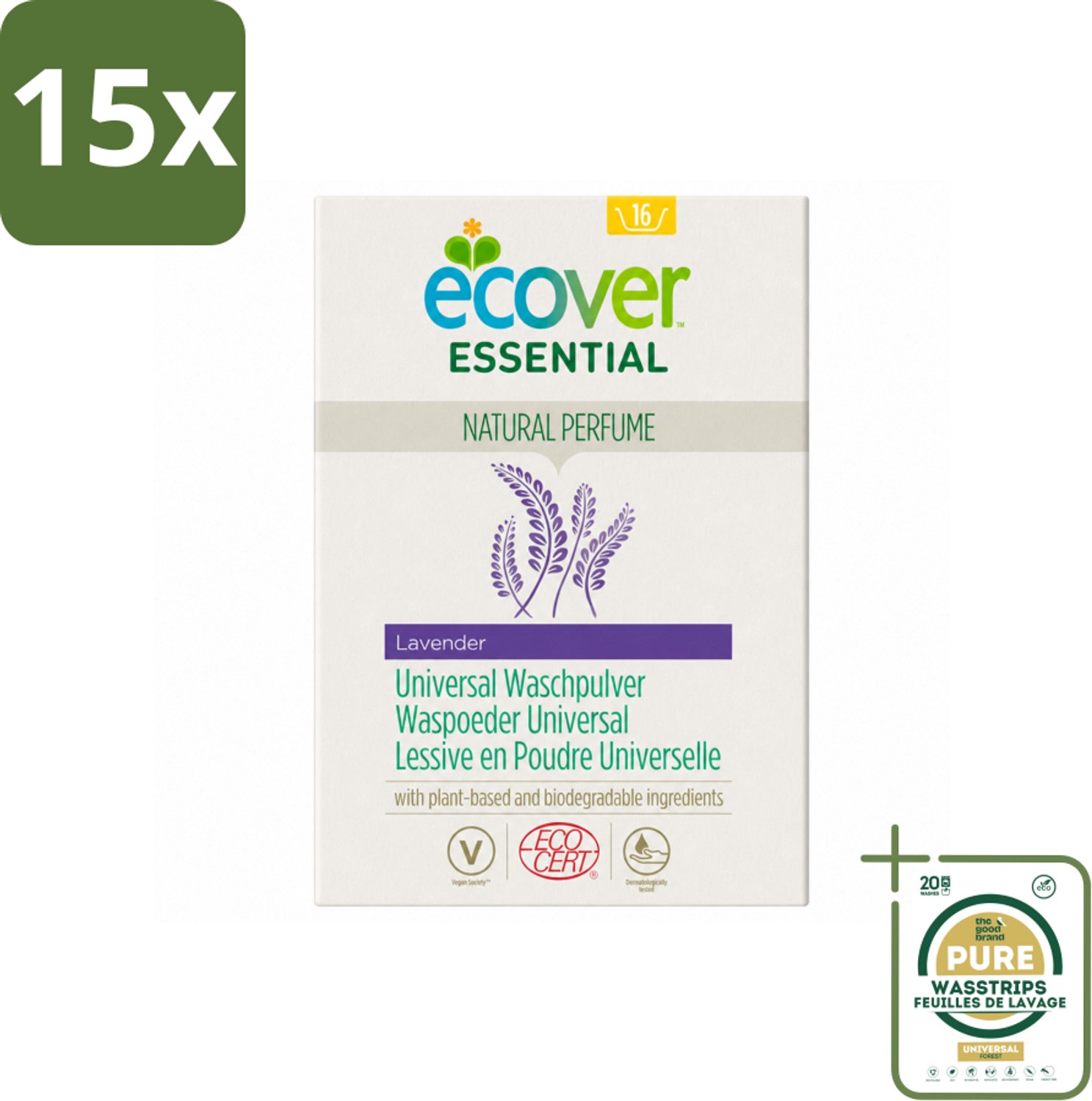 15 x Ecover - Waspoeder Essential - Universal - 1,2 kg - Wasstrips - Waspoeder - Witte Was - Plantaardig Waspoeder - Biologisch Afbreekbaar - Milieuvriendelijk Waspoeder