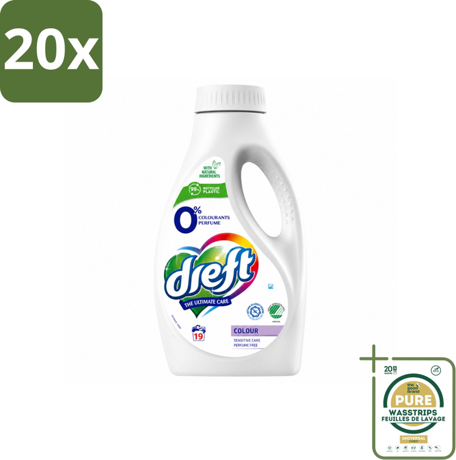 20 x Dreft - Vloeibaar Wasmiddel - 0% Gekleurde Was - Hypoallergeen - 19 Wasbeurten - Wasstrips - 0% Gekleurde Was - Hypoallergenisch Wasmiddel - Gevoelige Huid - Natuurlijk Wasmiddel - Parfumvrij Wasmiddel