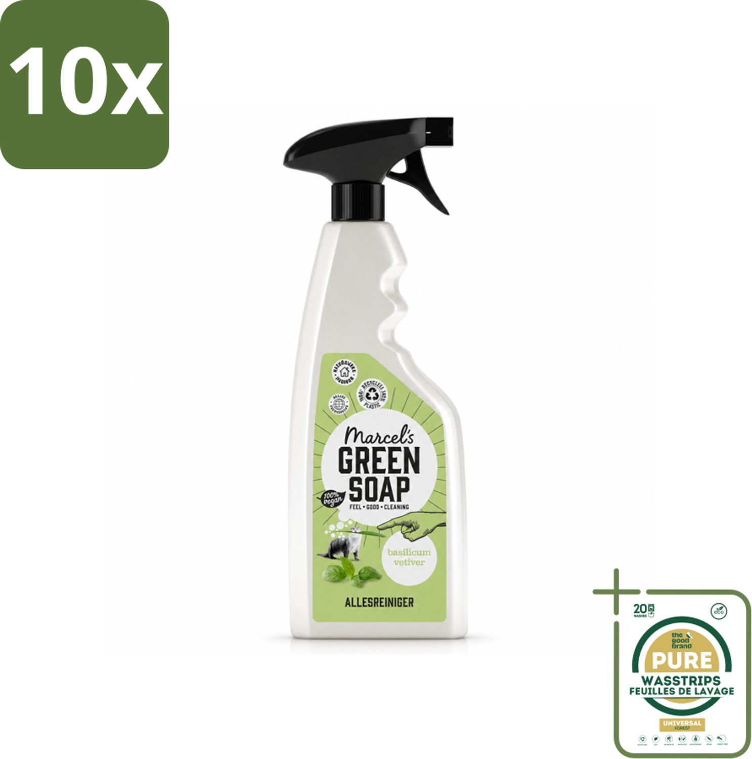 10 x Marcel's Green Soap - Allesreiniger Spray - Basilicum & Vetiver gras - Natuurlijk & effectief - 500 ml - Wasstrips - Allesreiniger Spray - Natuurlijke Reiniger - Vegan Reiniger - Milieuvriendelijke Reiniger - Vuil Verwijderen