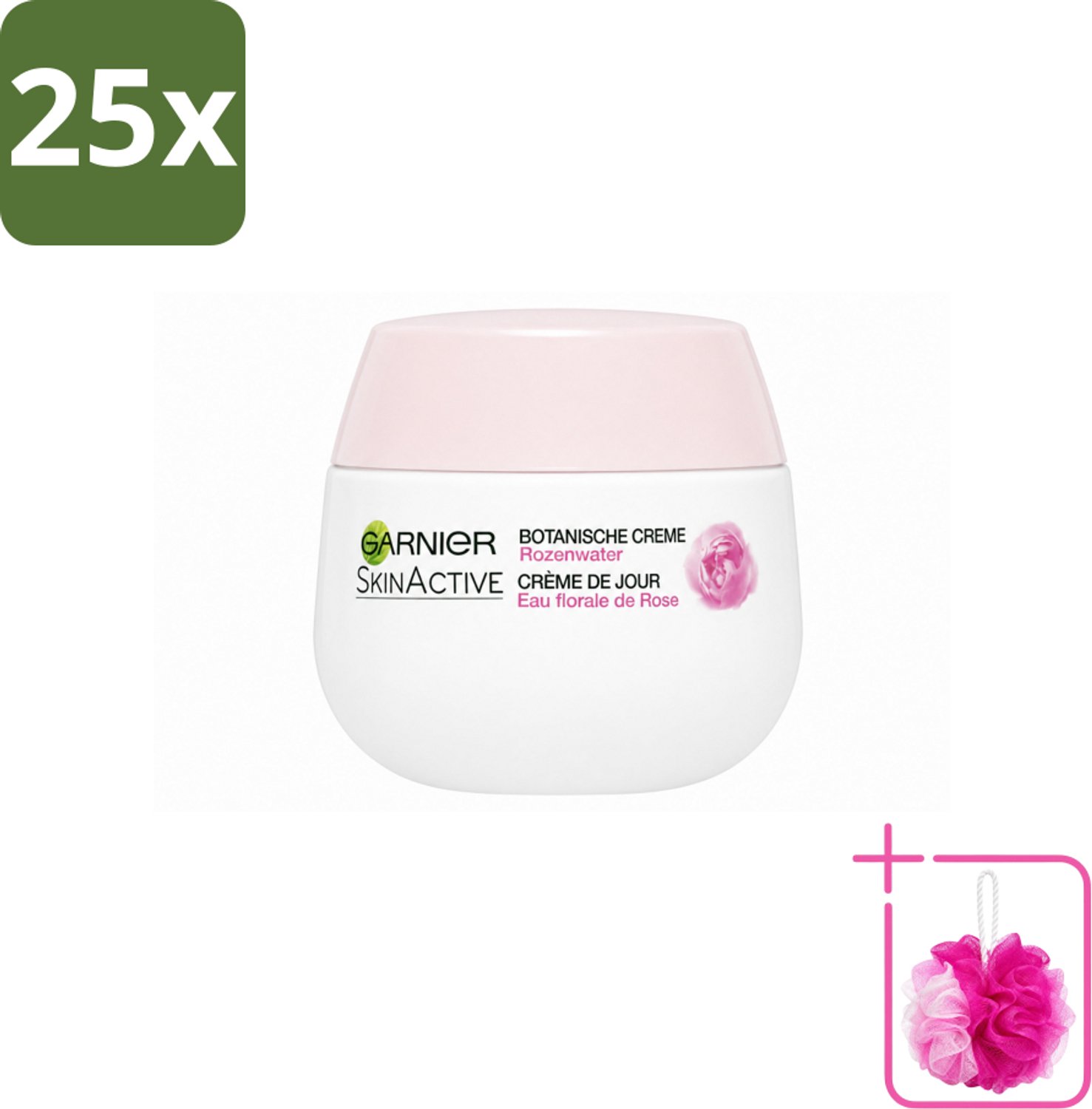 25 x Garnier - SkinActive - Botanische Dagcrème - Rozenwater - Droge & Gevoelige Huid - 50 ml - Bulkverpakking - Roze water crème - Douchemop - Droge huid verzorging