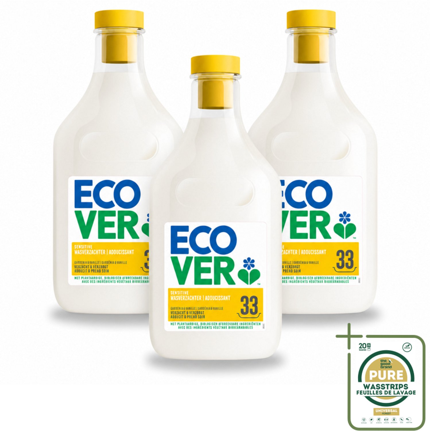 3 x Ecover - Wasverzachter - Gardenia - 1 liter - 33 wasbeurten - Wasstrips - Wasverzachter - Wasverzachter Gardenia En Vanille - Wasverzachter Voor Kleding - Wasverzachter Biologisch - Wasverzachter Plantenolie