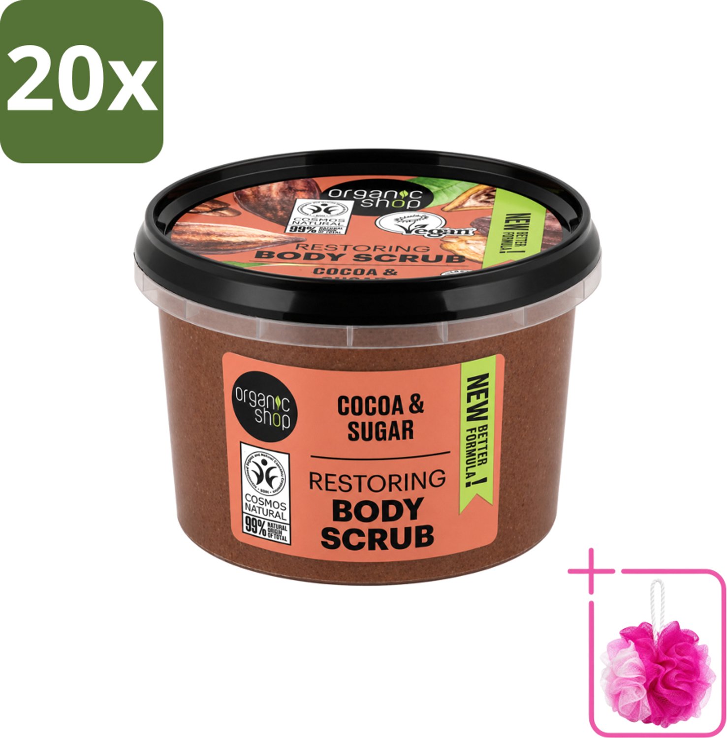 20 x Organic Shop - Body Scrub Cocoa - Rijke Hydratatie - 250 ml - Bulkverpakking - Bodyscrub - Douchemop - Exfoliatie
