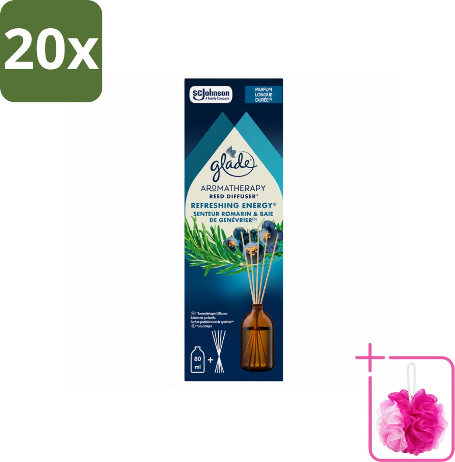 20 x Glade - Geurstokjes Verfrissende Energie - Aromatherapie Geurverspreiding - 80 ml - Bulkverpakking - Geurstokjes - Douchemop - Energie