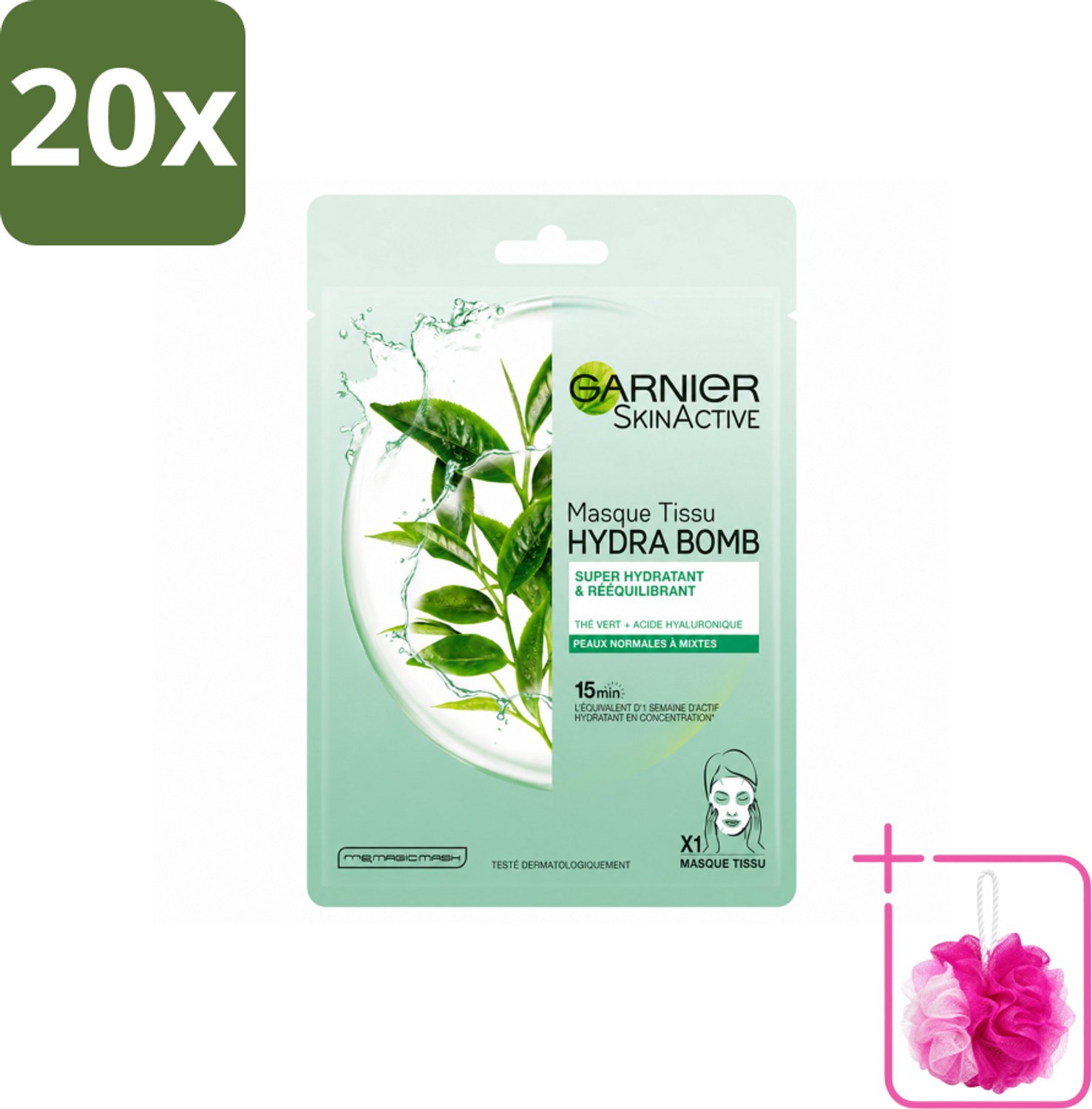 20 x Garnier - SkinActive - Hydra Bomb Tissue Masker - Groene Thee - 1 Gezichtsmasker - Bulkverpakking - Huidverfrissing - Douchemop - Hydratatie