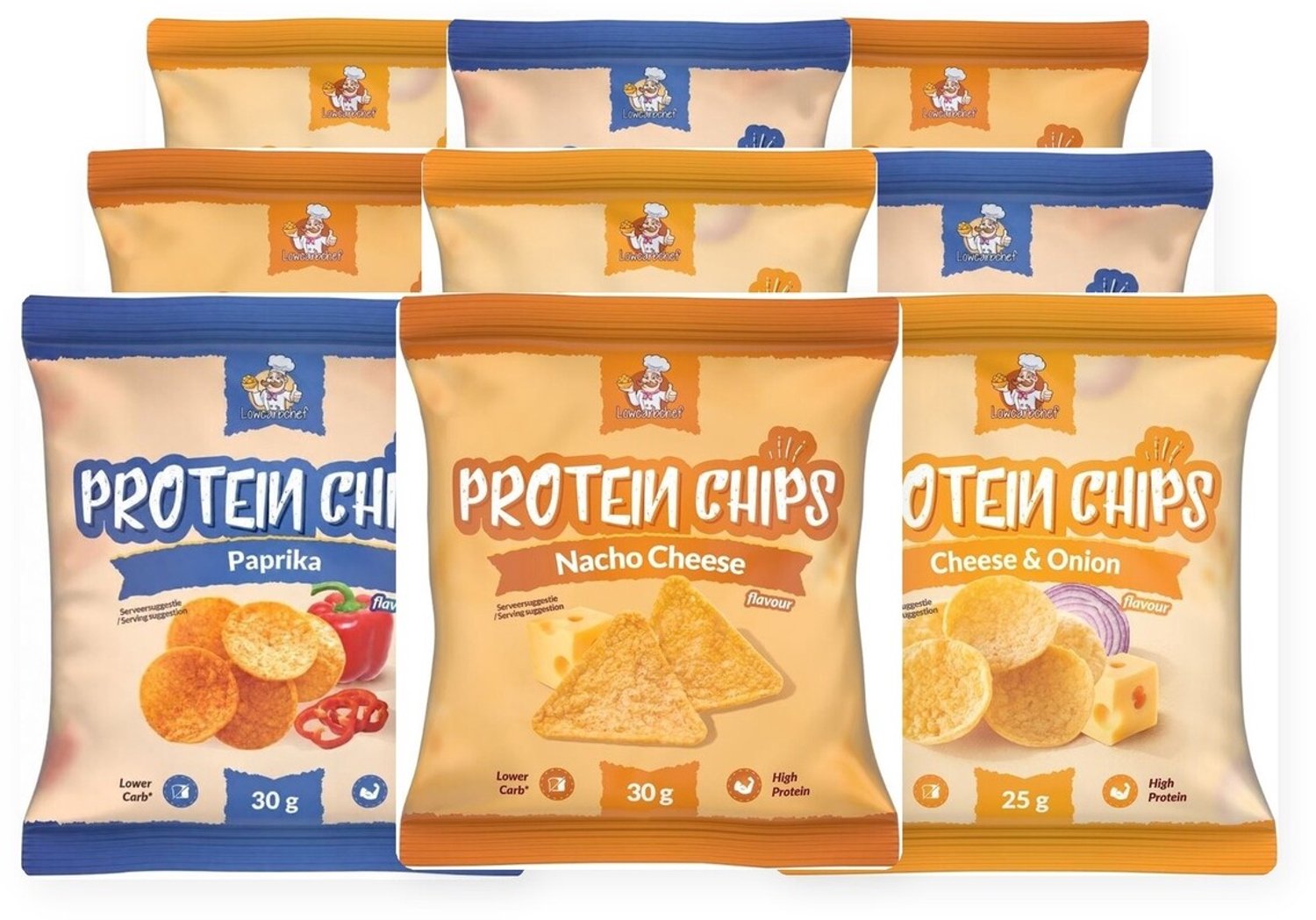 Lowcarbchef - Protein Chips Mixdoos - 30 zakjes - Paprika, Cheese & Onion, Nacho Cheese - Eiwitrijk