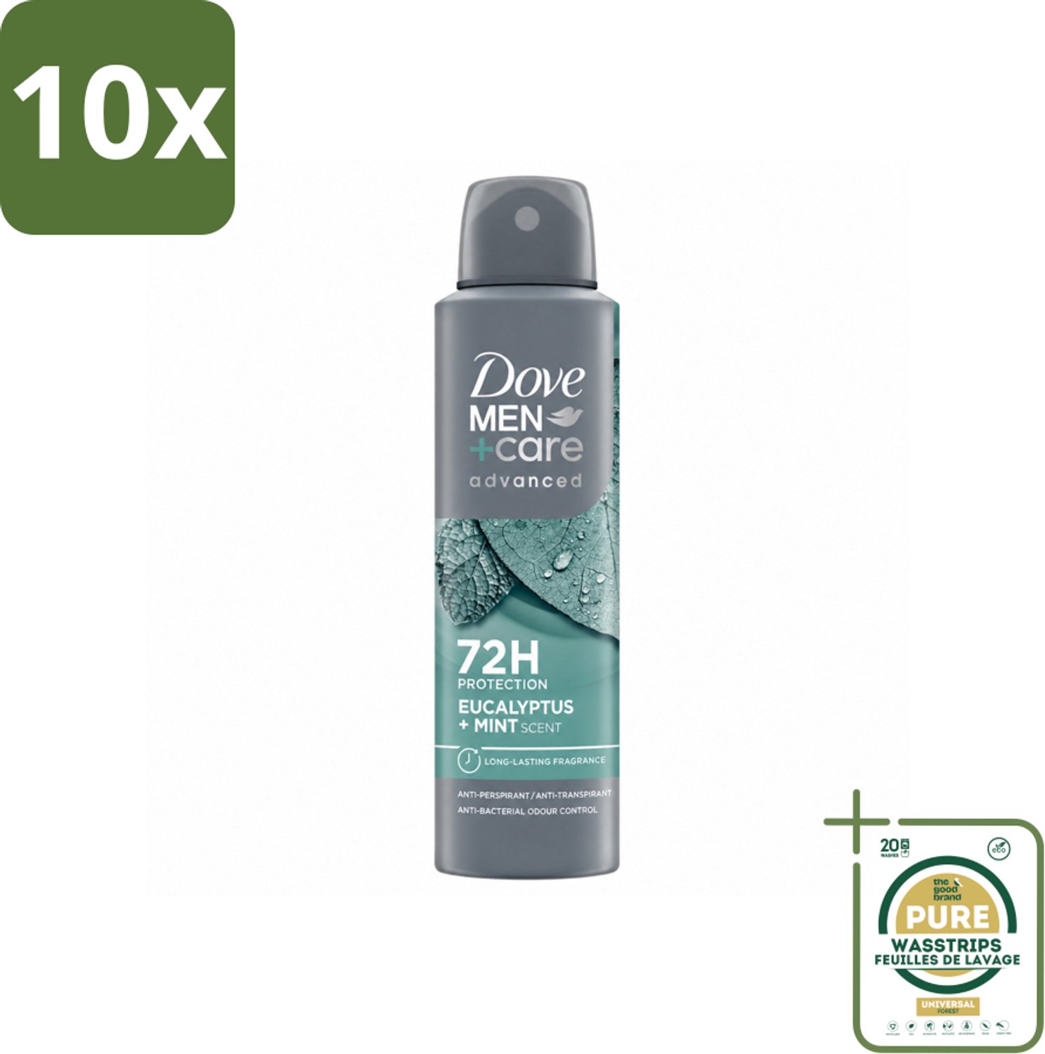 10 x Dove Men+Care Deodorant Spray - Eucalyptus & Mint - 150 ml - Wasstrips - Deodorant Spray - Zweetbestrijding - Eucalyptus En Munt - 72 Uur Bescherming - Huidverzorging