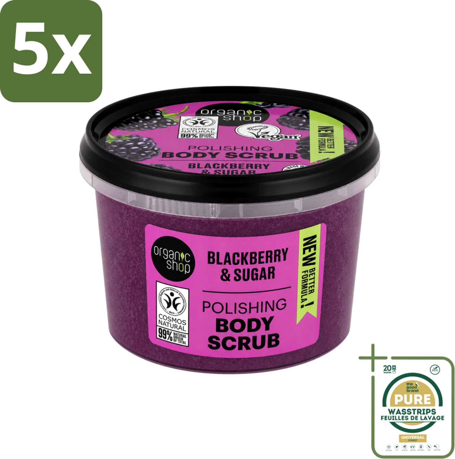 5 x Organic Shop - Body Scrub Blackberry - Verfrissend en Hydraterend - 250 ml - Wasstrips - Bodyscrub - Exfoliatie - Huidverzorging - Natuurlijke Peeling - Organische Peeling