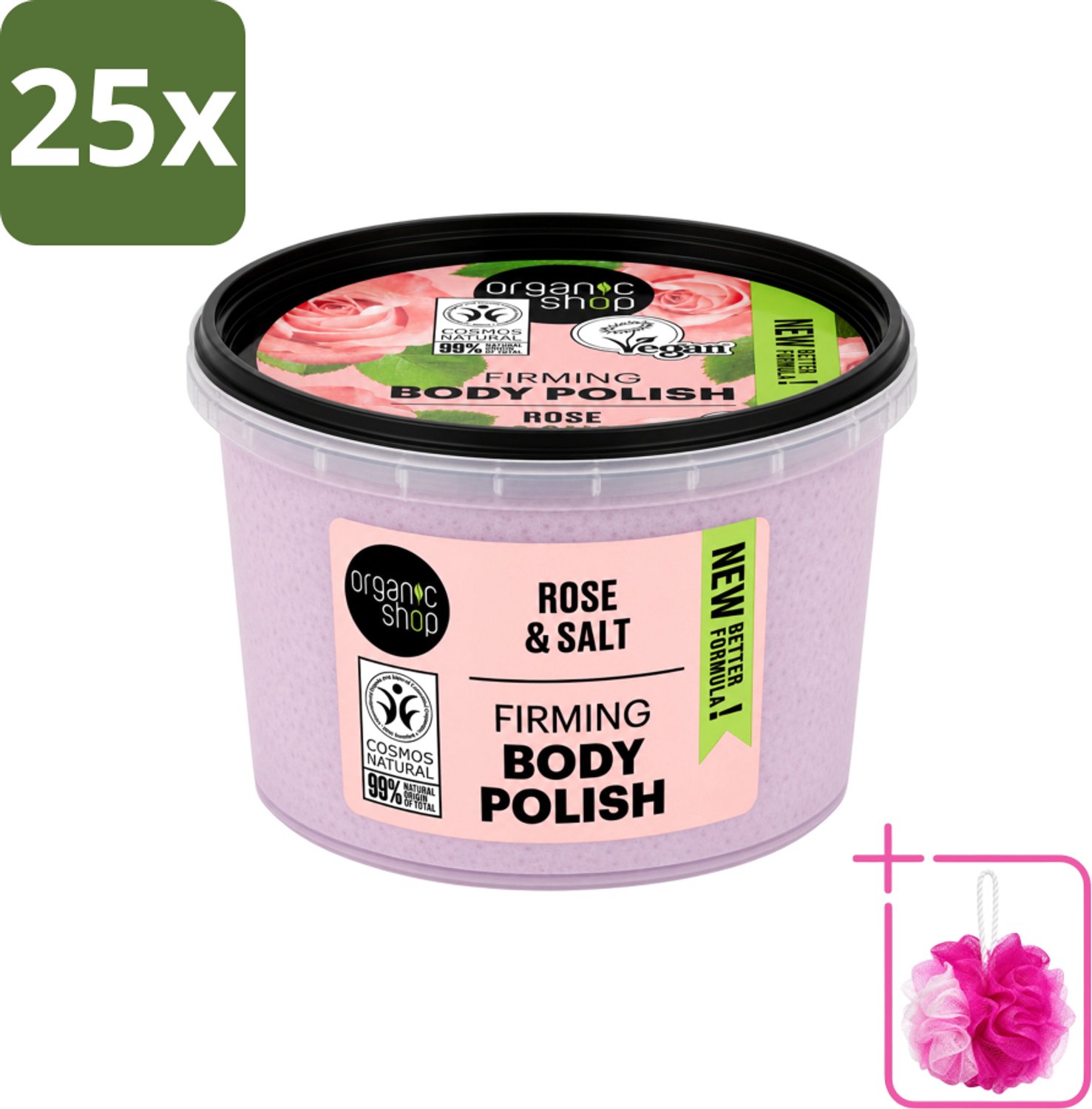 25 x Organic Shop - Body Scrub Rose - Hydraterend en Verzorgend - 250 ml - Bulkverpakking - Bodyscrub - Douchemop - Huidverzorging