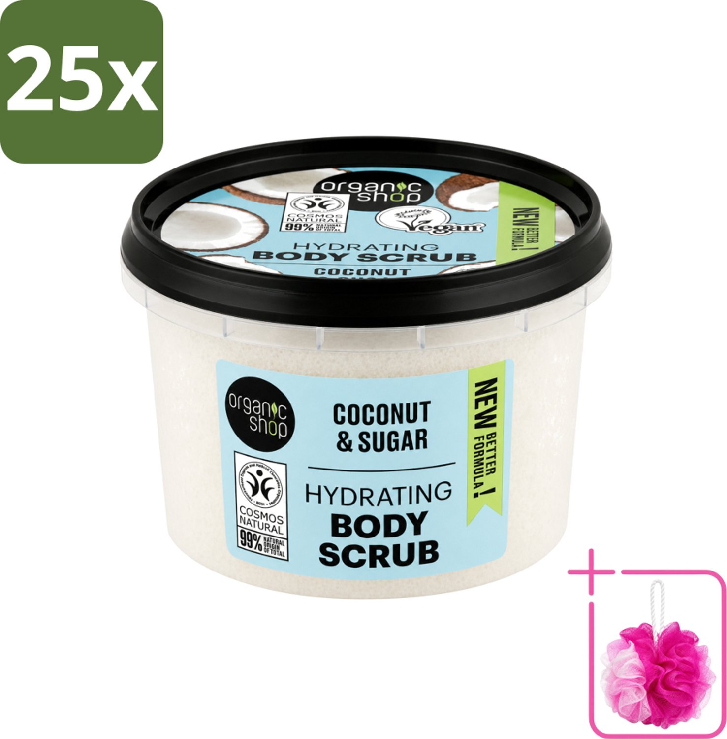 25 x Organic Shop - Hydrating Body Scrub Coconut - Diep Voedend - 250 ml - Bulkverpakking - Hydratatie - Douchemop - Exfoliatie