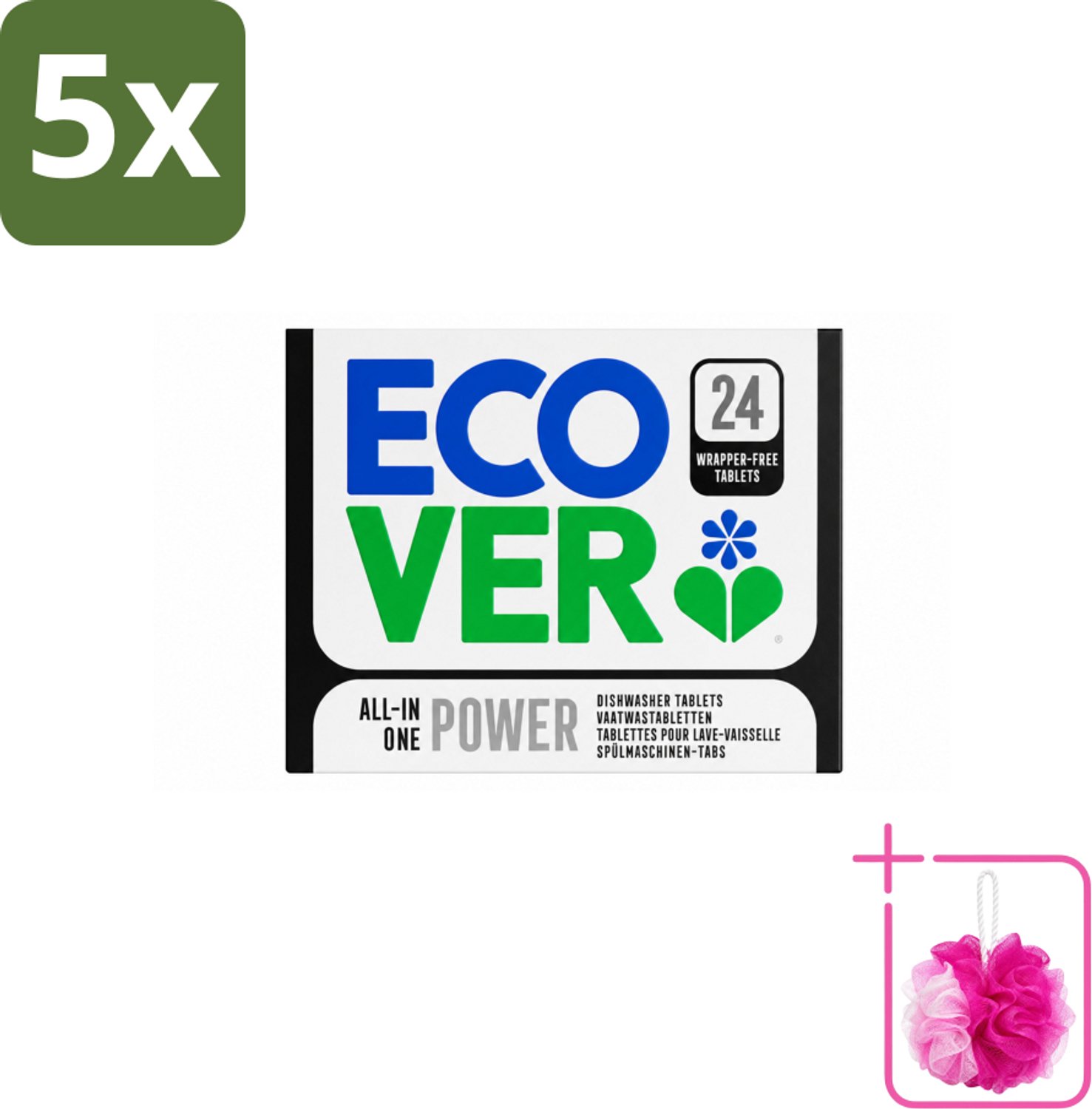 5 x Ecover - Vaatwastabletten All-in-One Power - 24 Tabs - Bulkverpakking - Vaatwastabletten - Douchemop - Schoonmaken