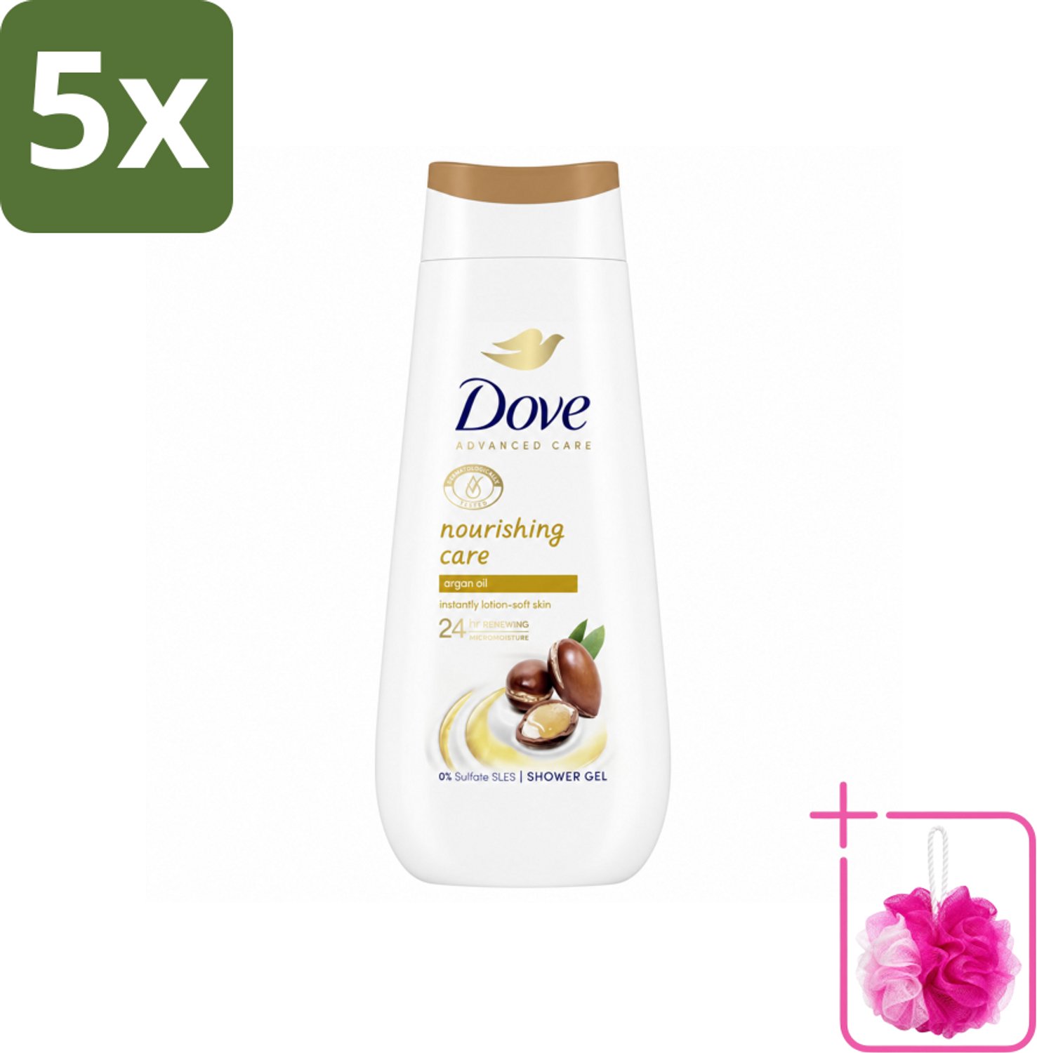 5 x Dove Douchecrème - Nourishing Care - Arganolie - 225 ml - Bulkverpakking - Douchegel - Douchemop - Voedende huid