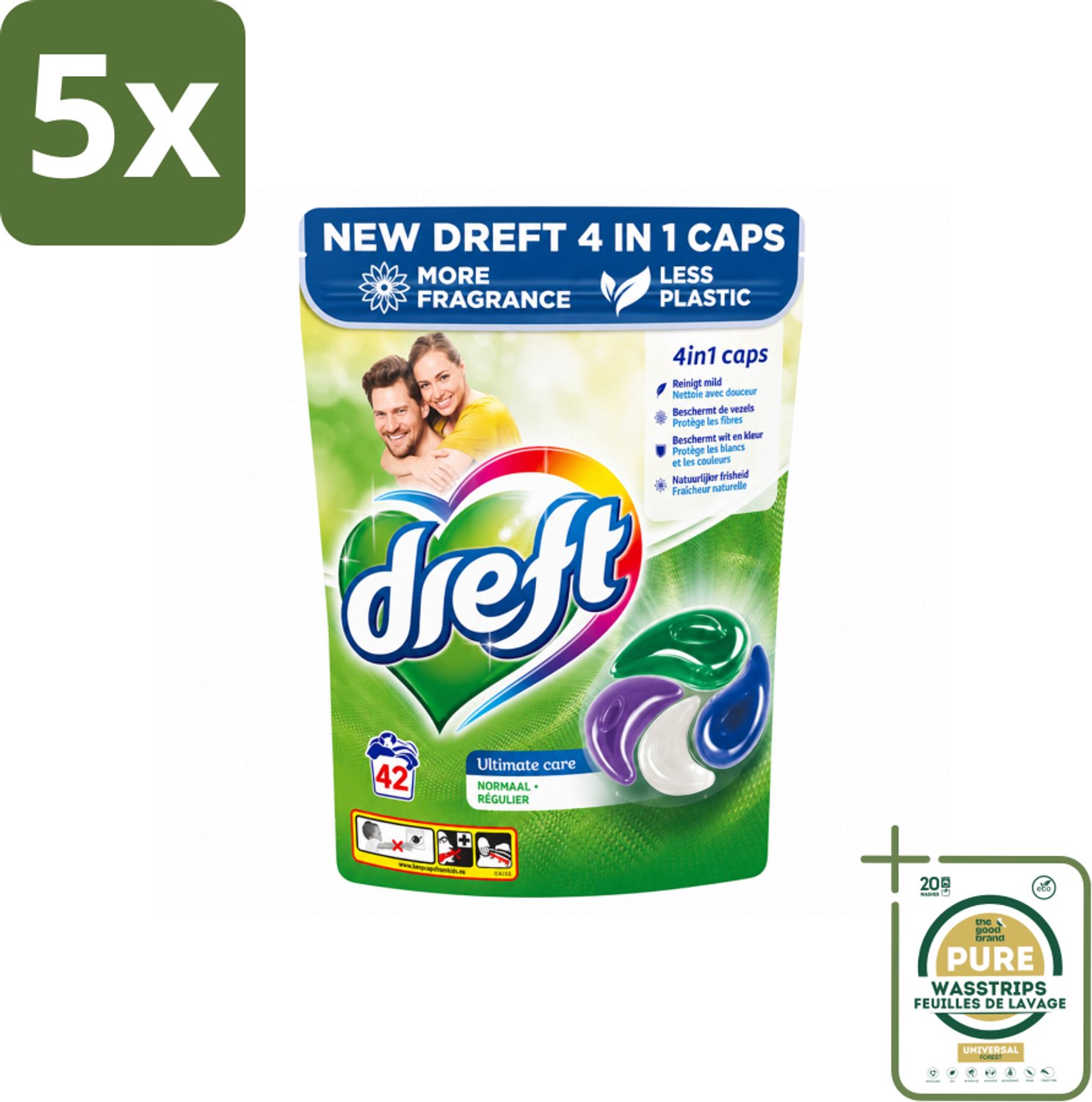 5 x Dreft - Wasmiddelcapsules - Ultimate Care - Zachte verzorging - 42 Wasbeurten - Wasstrips - Wasmiddelcapsules - Wasmiddel - Waskracht - Textielverzorging - Vezelbescherming