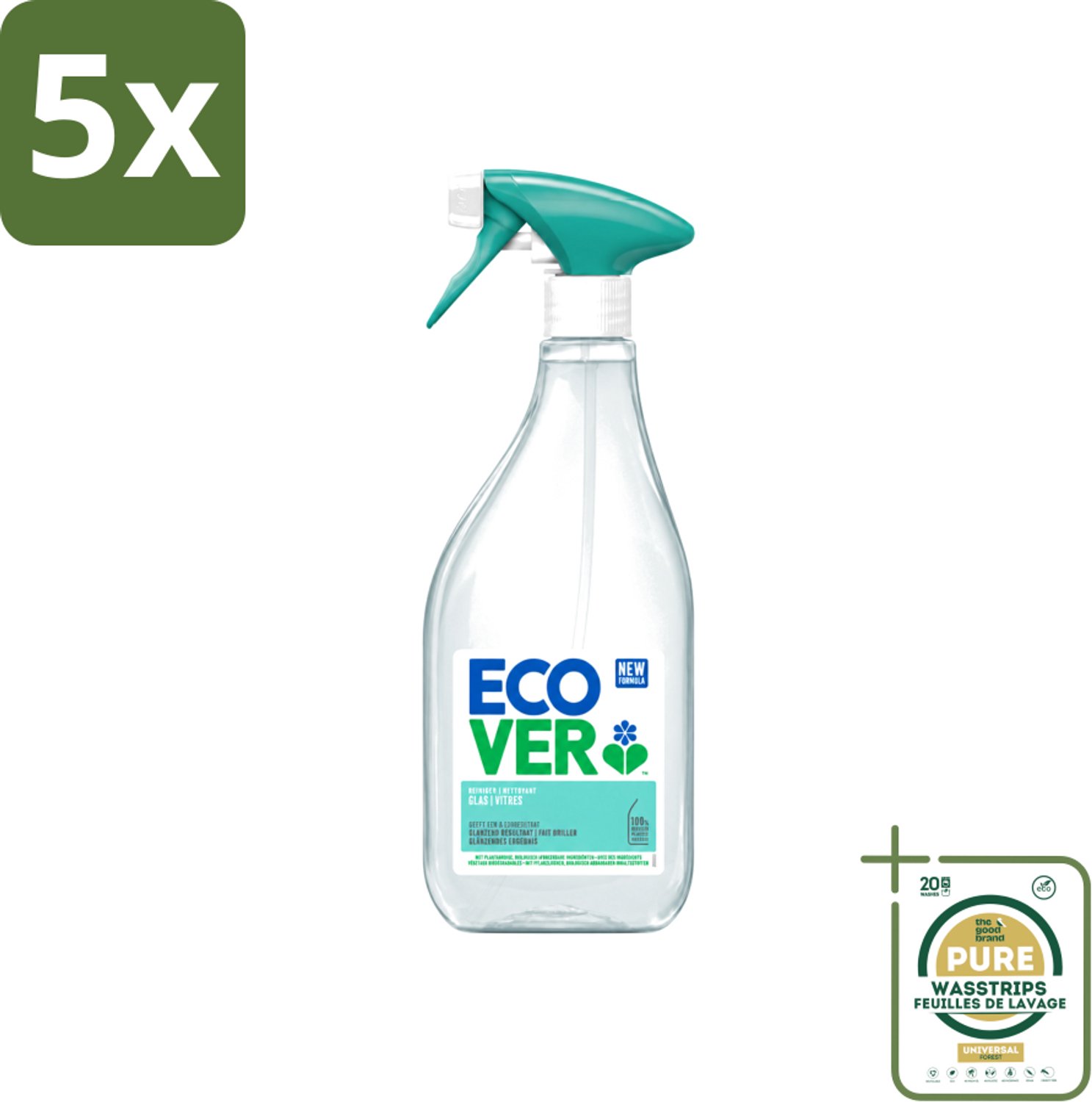 5 x Ecover - Glasreiniger Spray - 500 ml - Wasstrips - Glas Reinigen - Ruiten Reinigen - Spiegels Reinigen - Streepvrije Glans - Milieuvriendelijke Reiniger