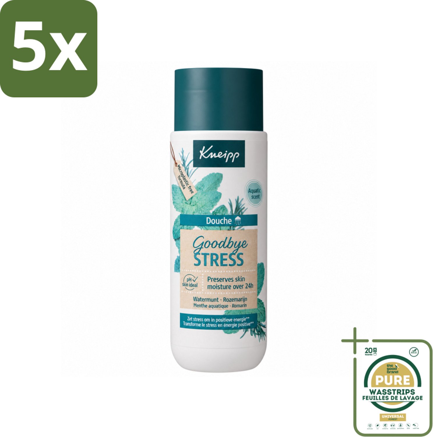 5 x Kneipp - Douchegel - Goodbye Stress - 200 ml - Wasstrips - Douchegel Stressverlichting - Stressverlichtende Douchegel - Watermunt En Rozemarijn - Energie Opvoeren - Natuurlijke Douchegel