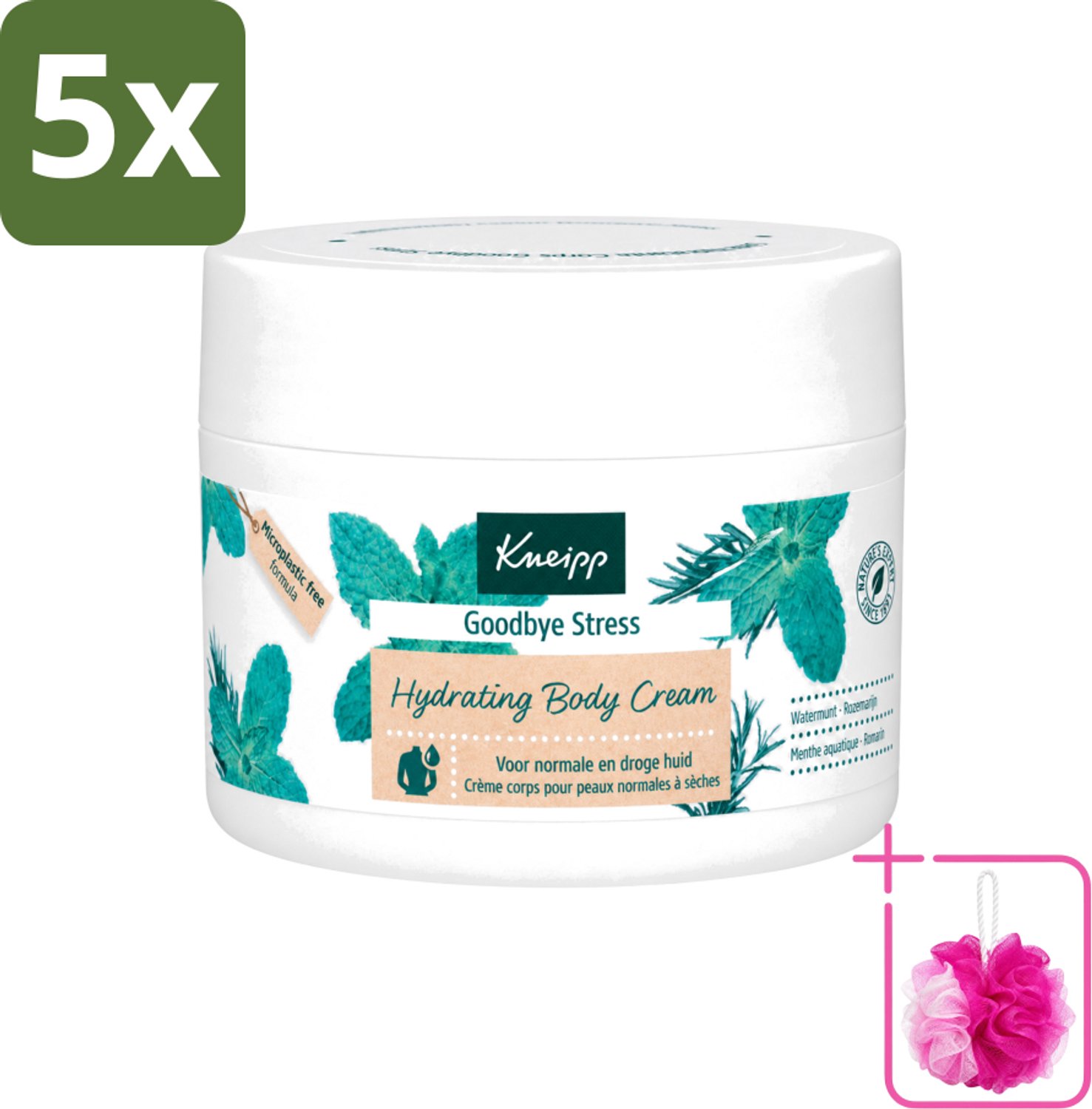 5 x Kneipp - Body crème - Goodbye Stress - Watermunt & Rozemarijn - 200 ml - Bulkverpakking - Stressvermindering - Douchemop - Huidverzorging