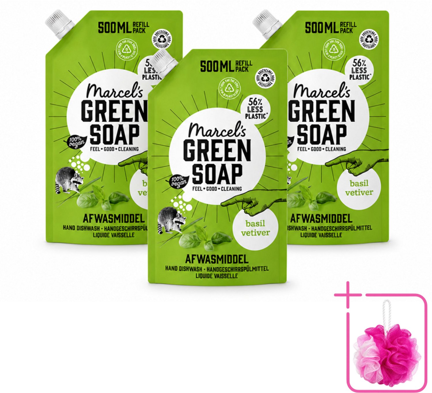 3 x Marcel's Green Soap - Navulling - Afwasmiddel - Basilicum & Vetiver Gras - Plantaardig & duurzaam - 500 ml - Bulkverpakking - Afwasmiddel - Douchemop - Navulverpakking