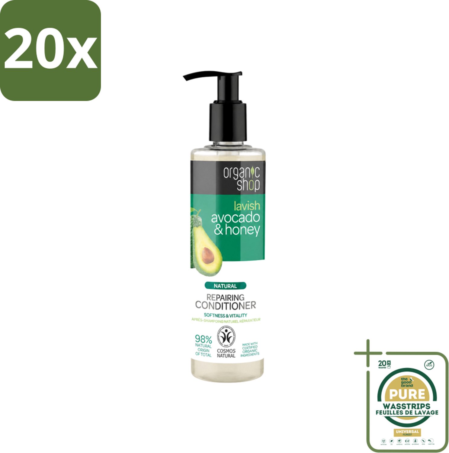 20 x Organic Shop - Natural Repairing Conditioner - Avocado & Honey - 280 ml - Wasstrips - Herstel Haar - Voeding Haar - Beschadigd Haar - Natuurlijke Conditioner - Avocado En Honing
