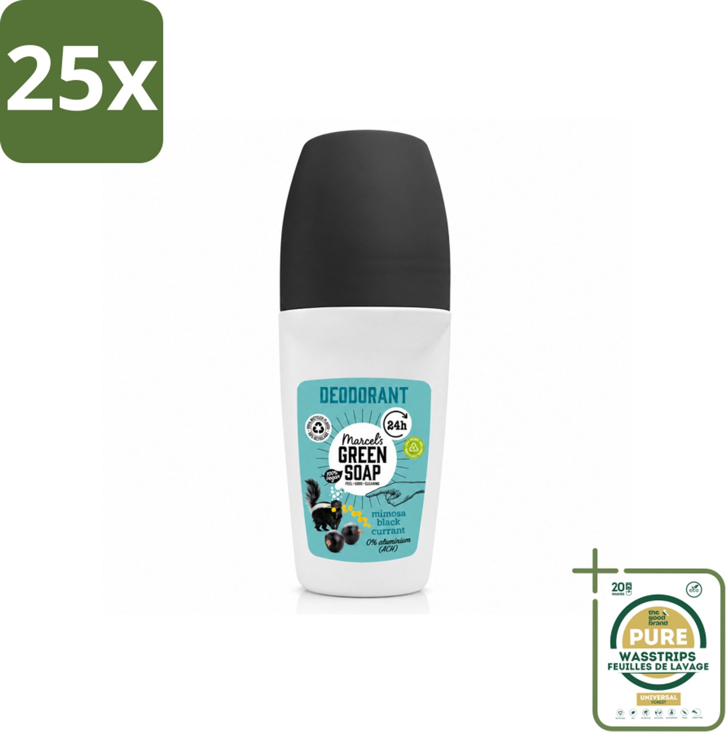 25 x Marcel's Green Soap - Deodorant Roller - Mimosa & Blackcurrant - Langdurige frisheid - 50 ml - Wasstrips - Deodorant Roller - Natuurlijke Geur - Frisse Geur - Okselverzorging - Duurzame Deodorant