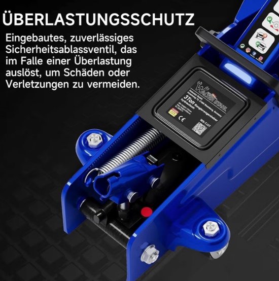 Detail van een blauwe hydraulische krik met overbelastingsbeveiliging en Walterstahl-label.