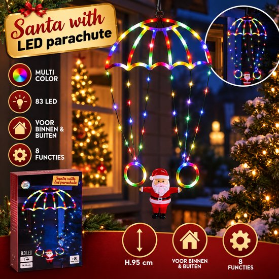 Père Noël avec parachute LED multicolore, 95 cm, 83 LED, 8 modes d'éclairage, pour usage intérieur et extérieur.