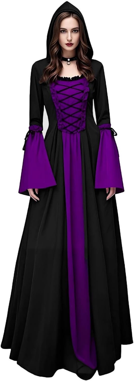 Gothic jurk met capuchon, vampier veterjurk heksenkostuum