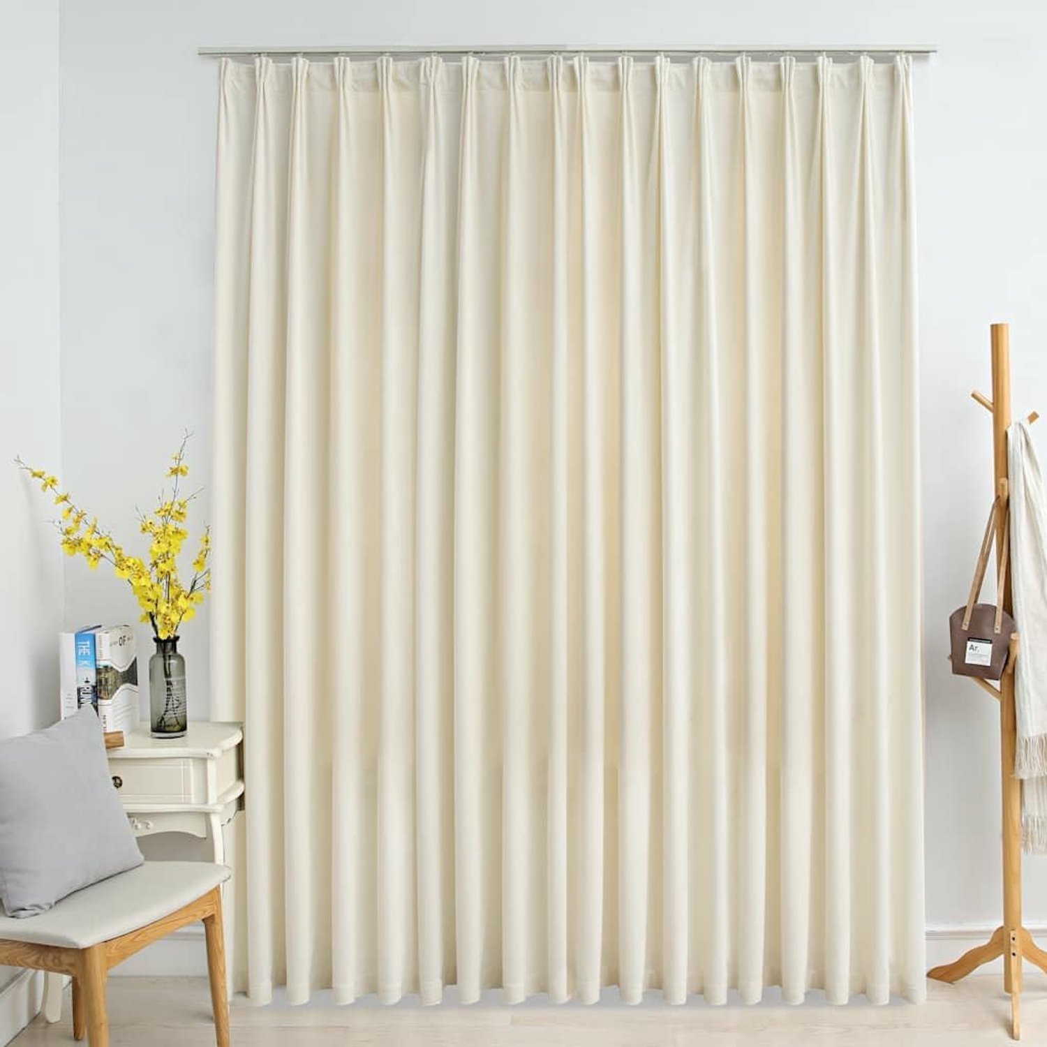 Verduisteringsgordijn met haken, fluweel, crème, 290 x 245 cm, voor woonkamer, slaapkamer, kantoor, privacy, lichtbescherming, metalen haken, gordijnrails, machinewasbaar, fluweel, warm