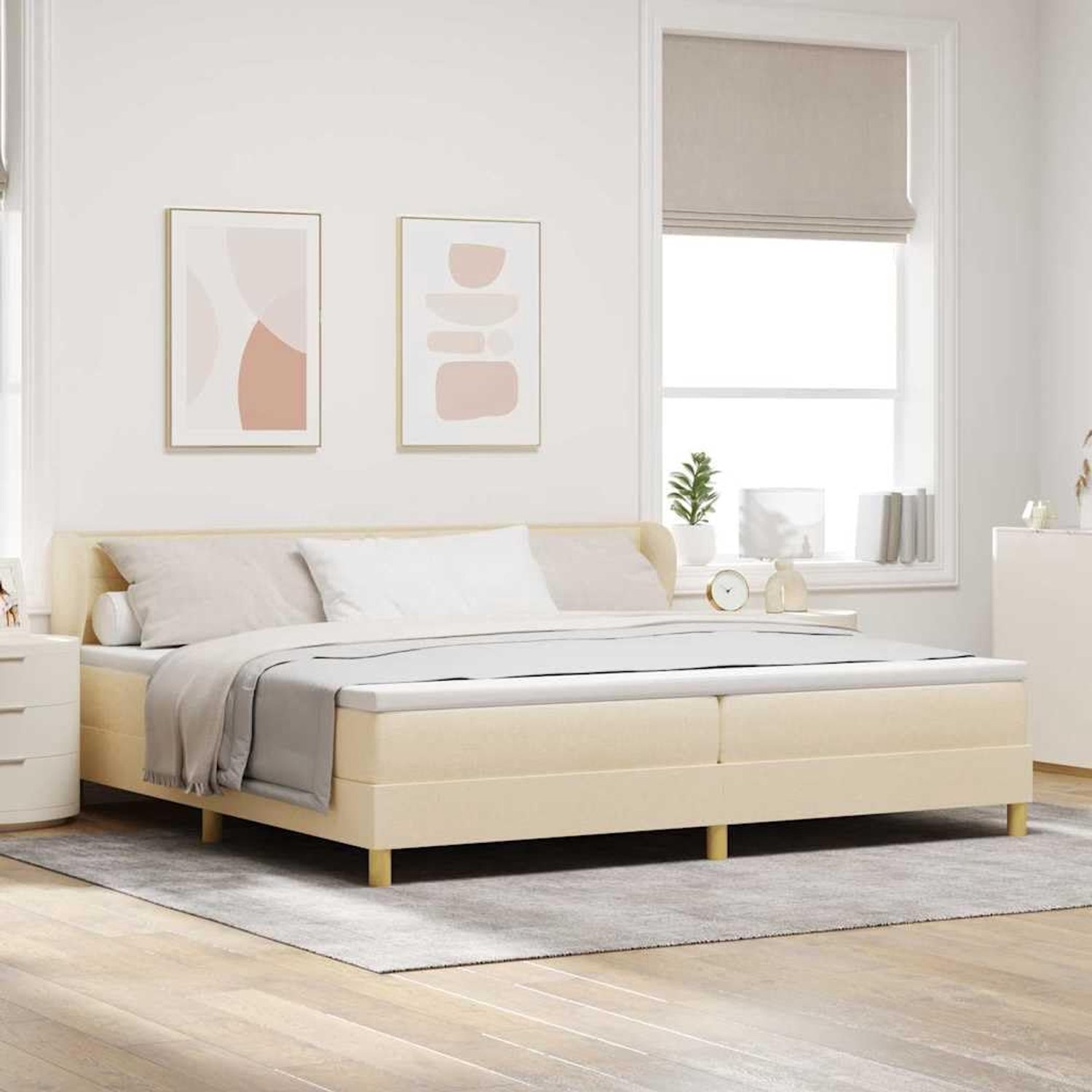 Boxspringbed met matras en hoofdeinde Crème 200 x 200 cm Stof met pocketveren en verstelbaar hoofdbord voor comfortabele slaapkamer met stevig houten frame