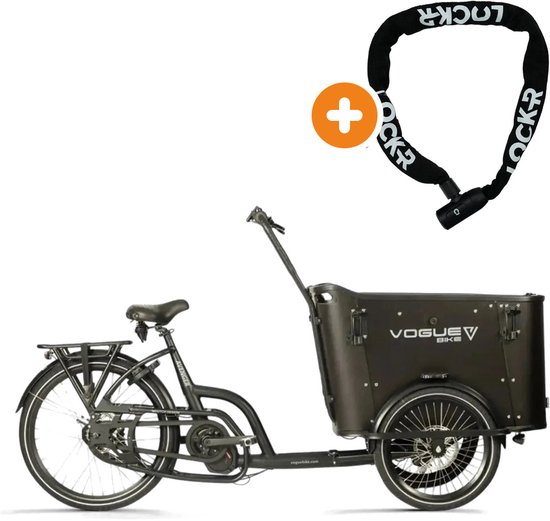 Zwarte Vogue Avenger elektrische bakfiets met een Lock-R kettingslot.