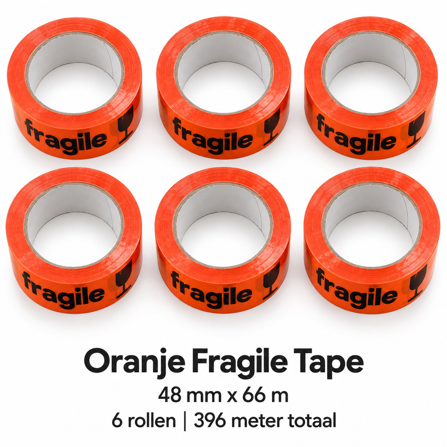 Oranje Fragile/Breekbaar Waarschuwingstape - 48 mm x 66 m - 6 Rollen